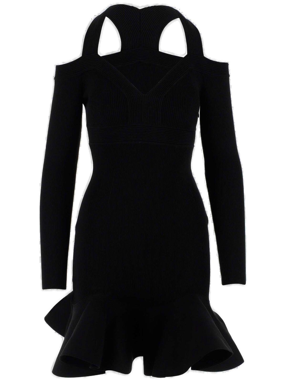 Shop Alexander Mcqueen Ruffle Detailed Flared Mini Dress In Black