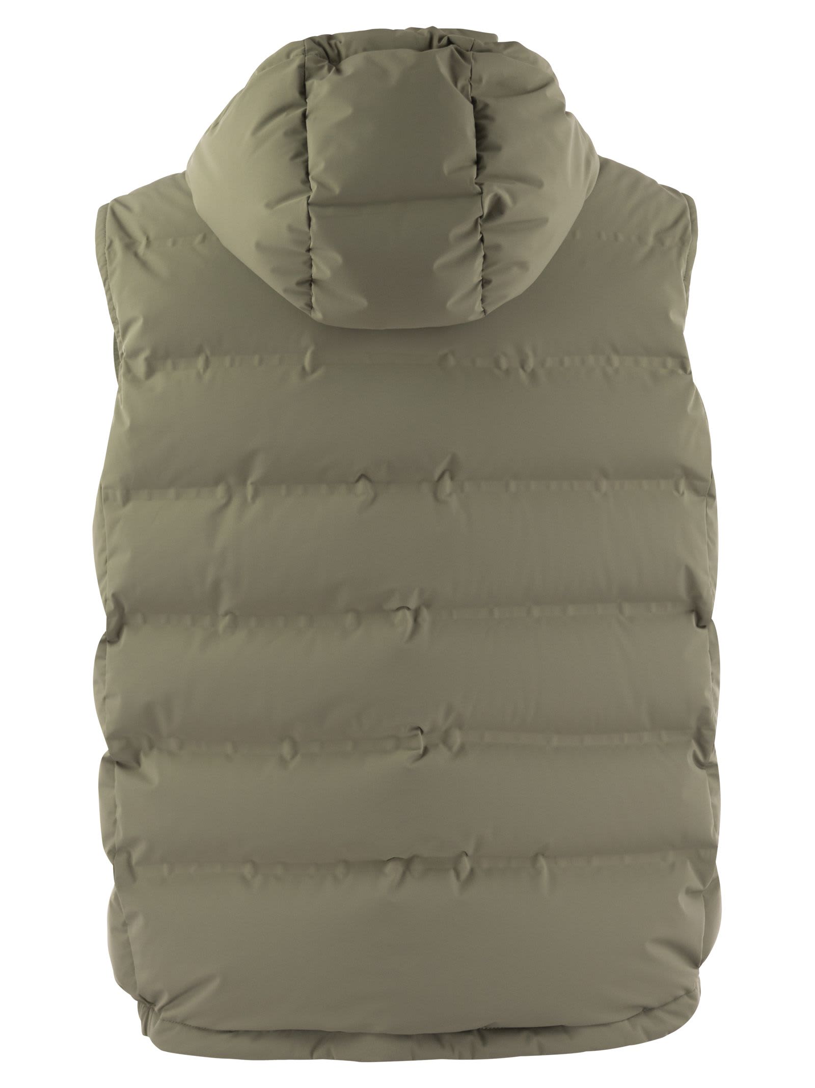 BRUNELLO CUCINELLI SLEEVELESS DOWN JACKET IN MEMBRANED TAFFETA WITH HEAT TAPES AND DETACHABLE HOOD 