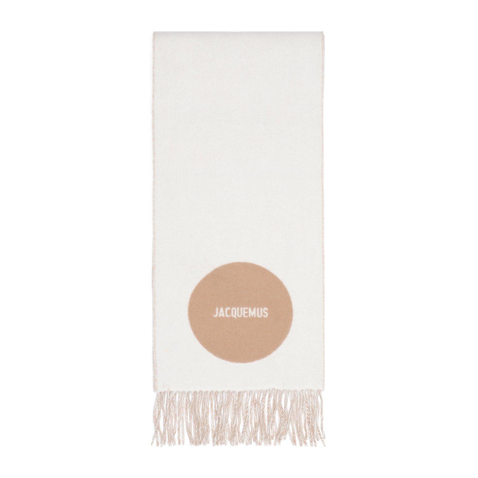 Shop Jacquemus Logo Detailed Fringed Scarf In Beige