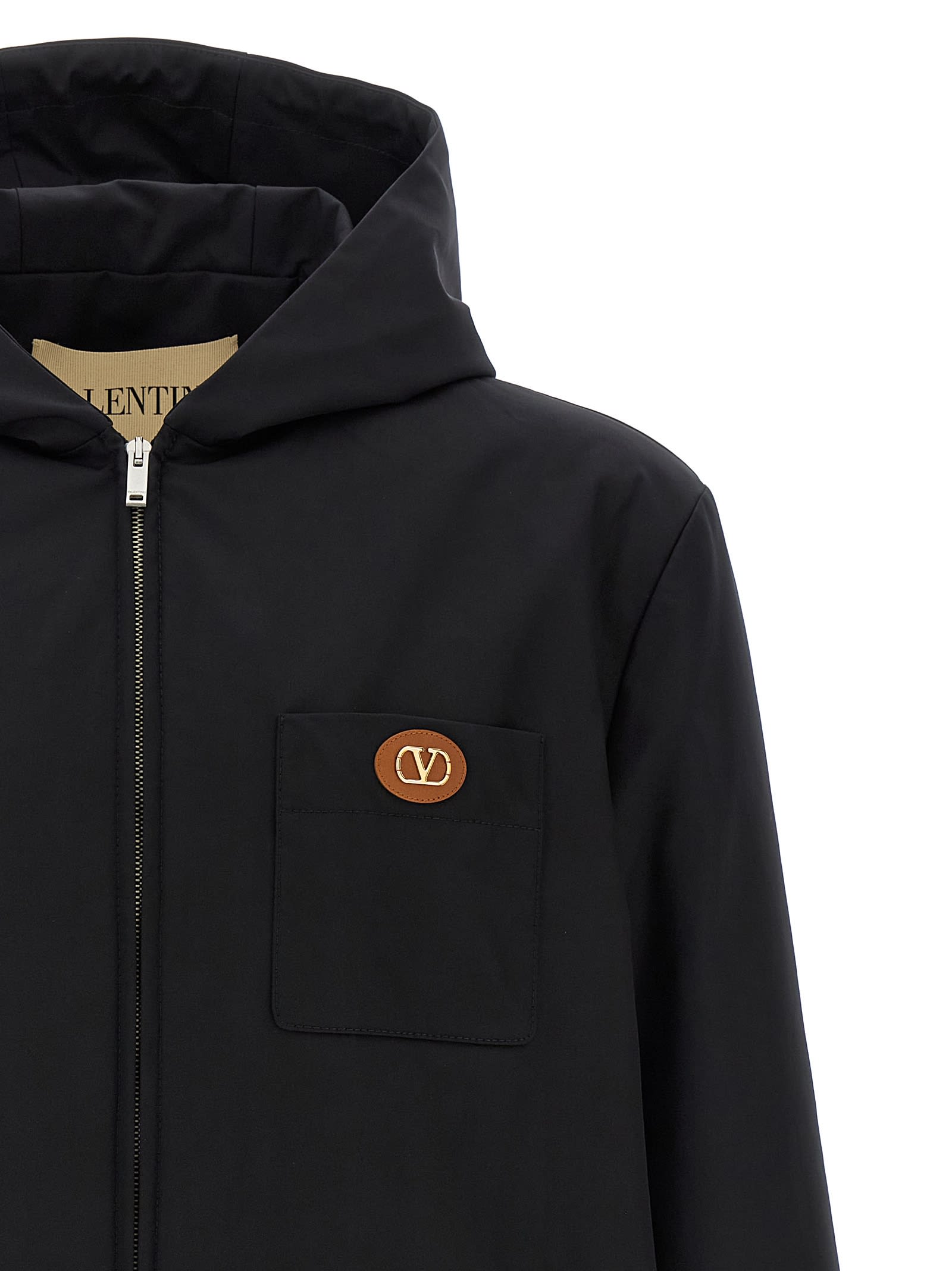 Valentino Garavani Nylon Hooded Jacket With Drawstring In Black
