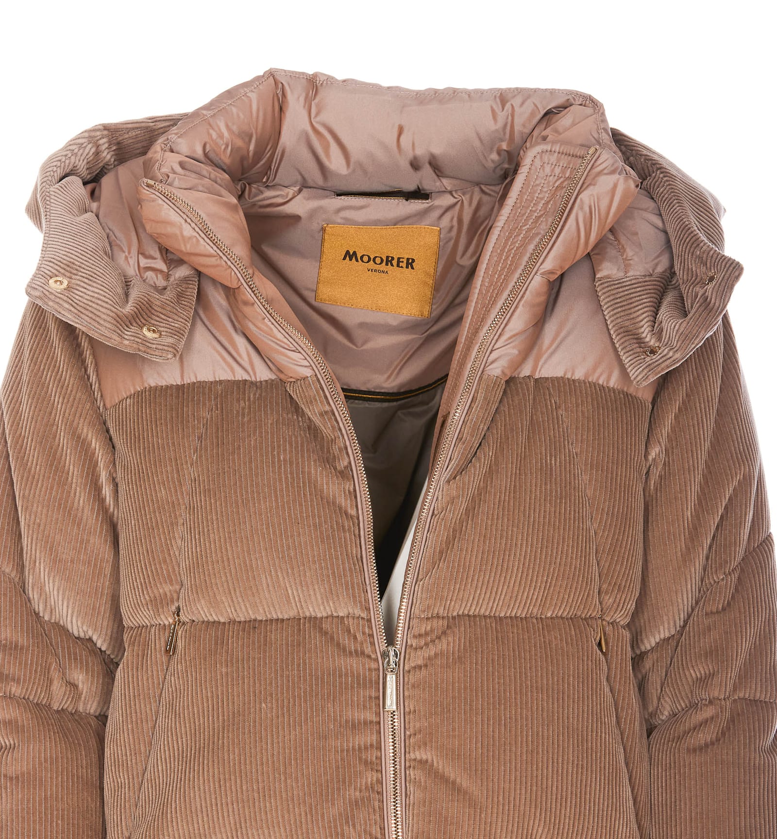 Moorer Quilted Velvet Hooded Jacket With Corduroy Panels In Brown