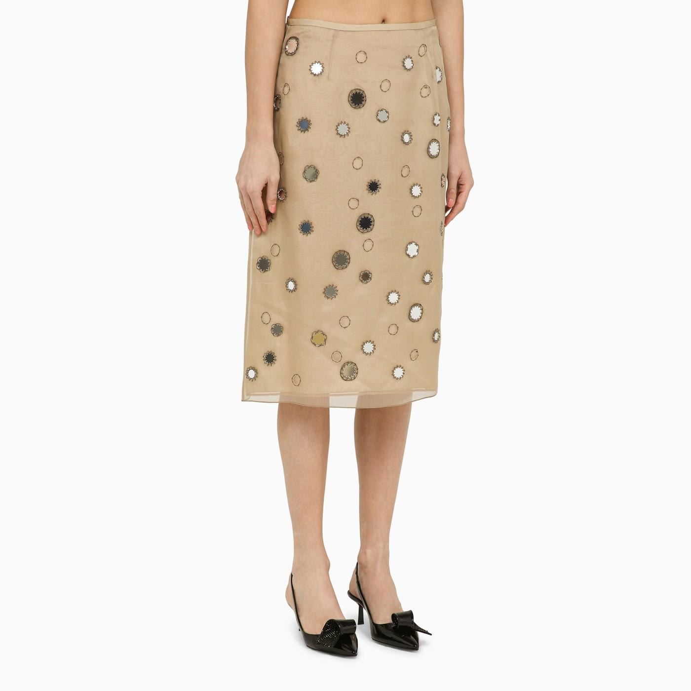 Shop Prada Beige Silk Midi Skirt With Mirrors In Corda