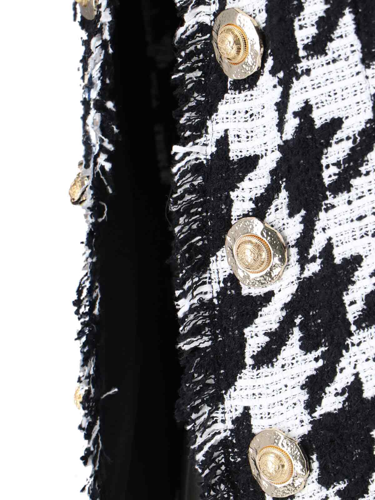 Balmain 'spencer' Black And White Jacket With All-over Check Motif And Fringed Hem In Black