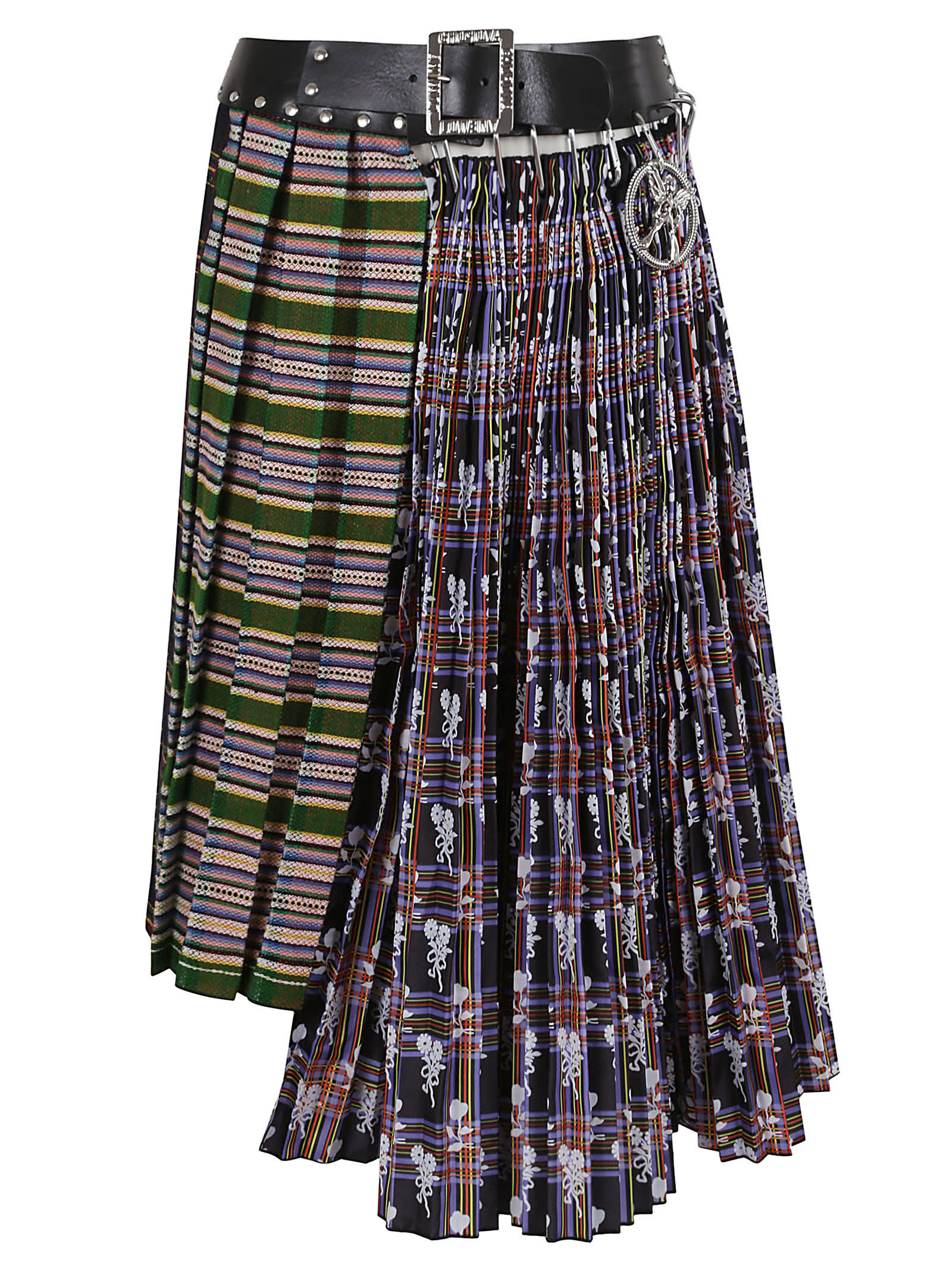 Chopova Lowena Belted Wool And Flocked Polyester Midi Skirt In Black Multi