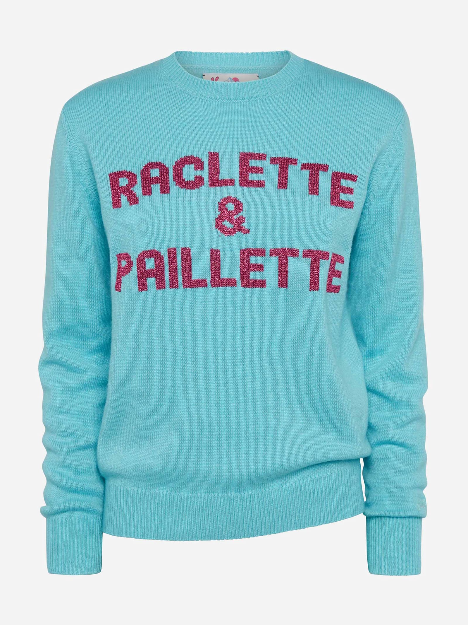 Mc2 Saint Barth Water Green Sweater New Queen With Raclette & Paillettes Sequins Lettering In Green