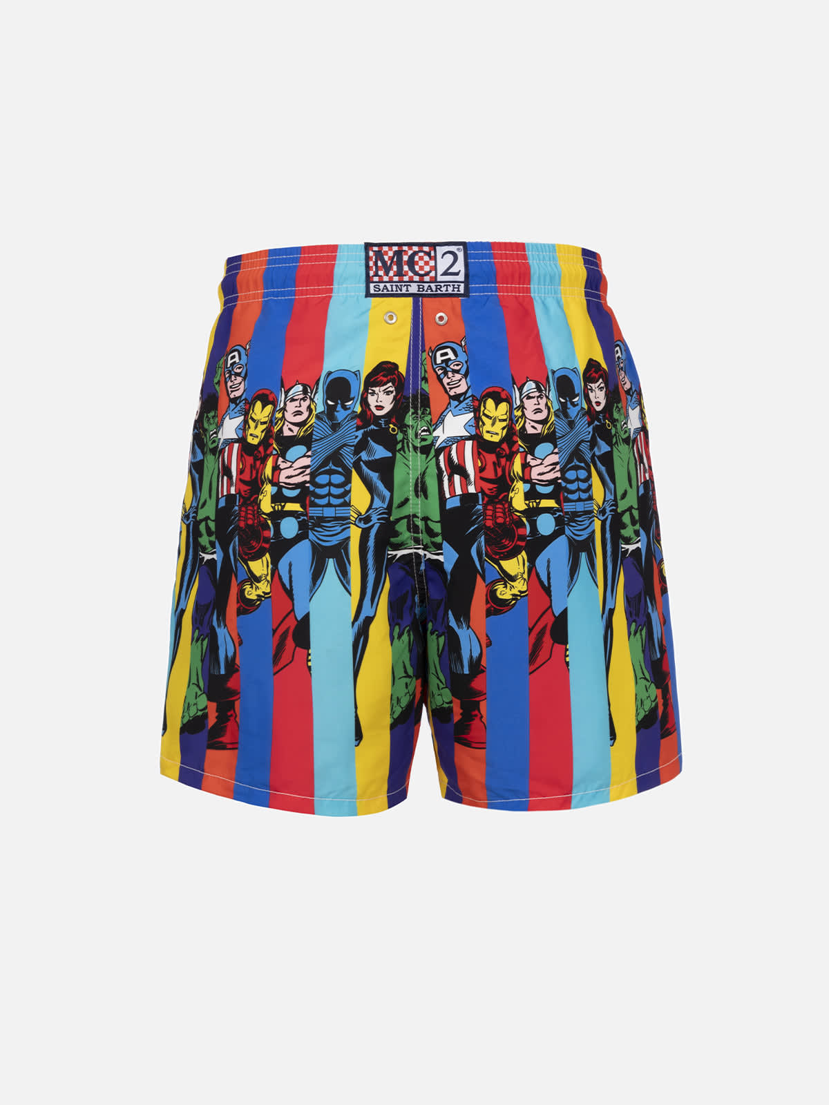 Mc2 Saint Barth Man Mid-length Gustavia Swim-shorts With Marvel Characters Placed Print Marvel Special Edition In White