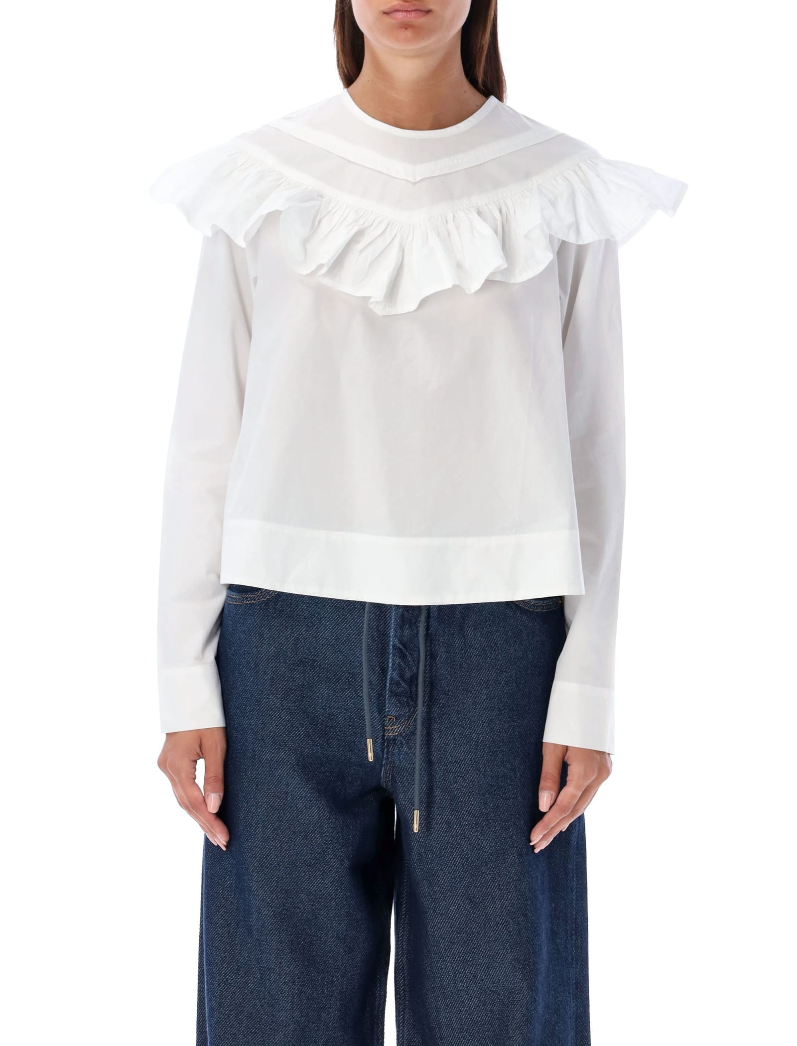 Ganni Cotton Poplin Frill Blouse Bright White In White