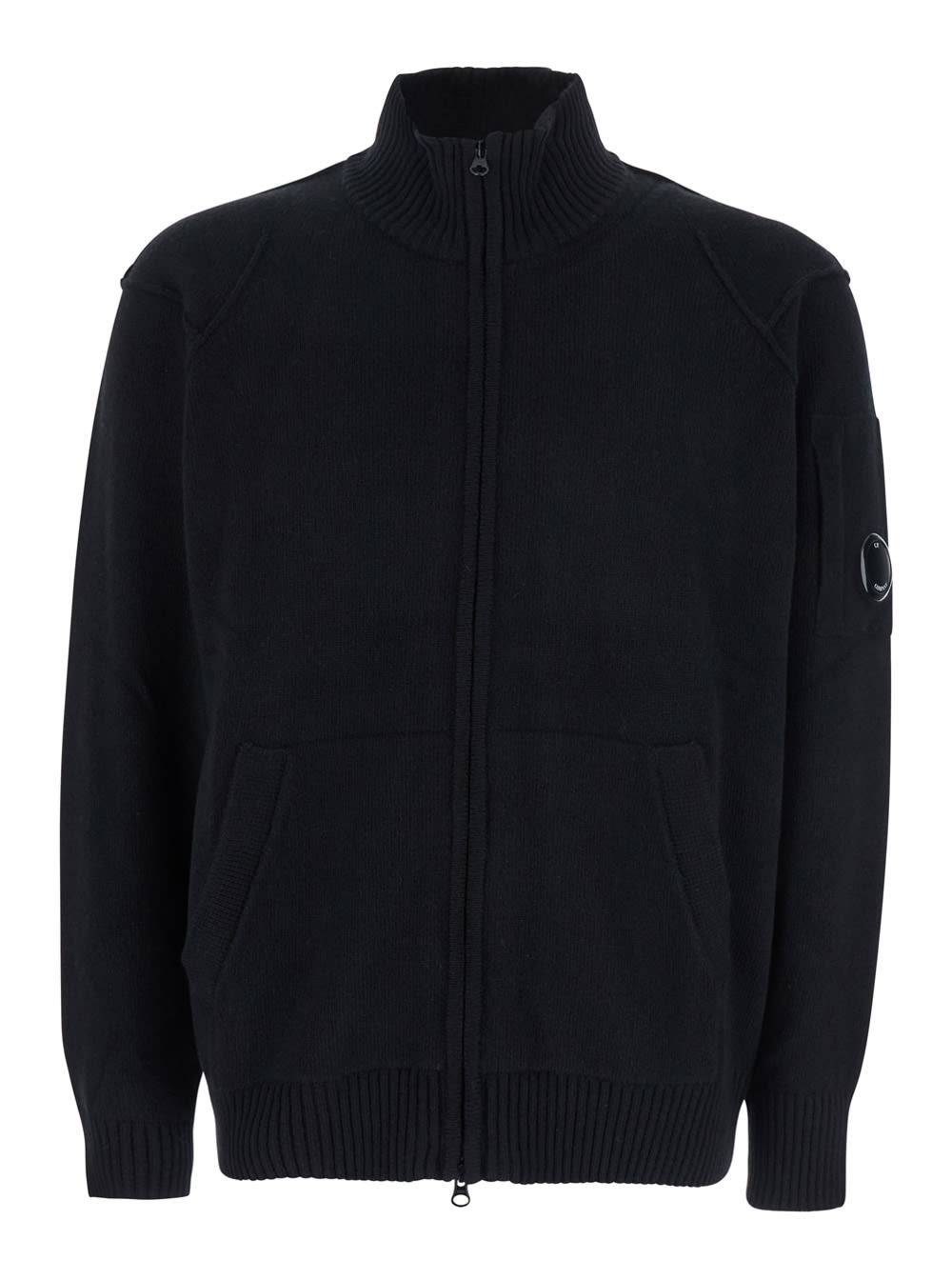 C. P. Company Black Jacket With High Neck And Logo Plaque On The Sleeve In Wool Blend Man