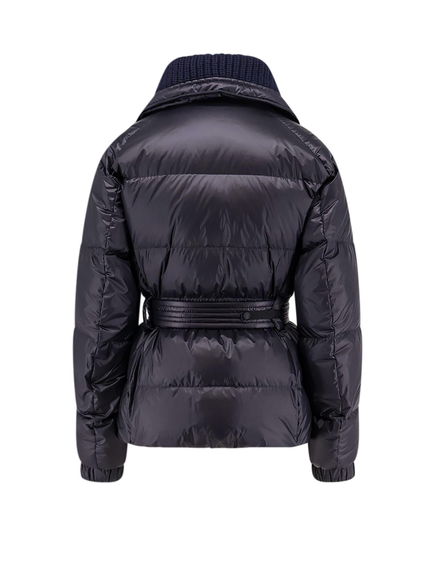 Moncler Puffer Jacket With Belted Waist And High Collar In Blue