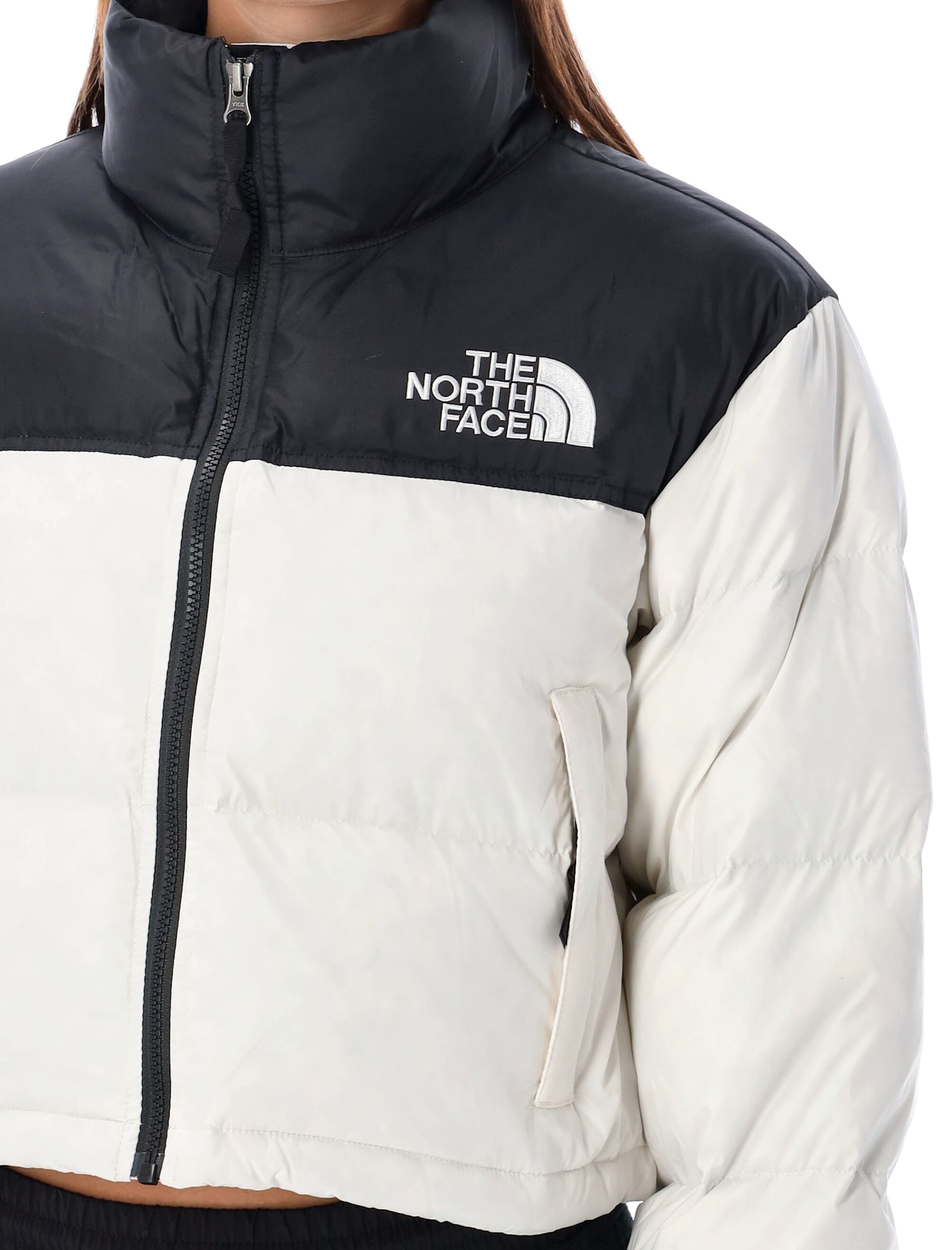 Shop The North Face Nuptse Short Jacket In White Dune/tnf Black