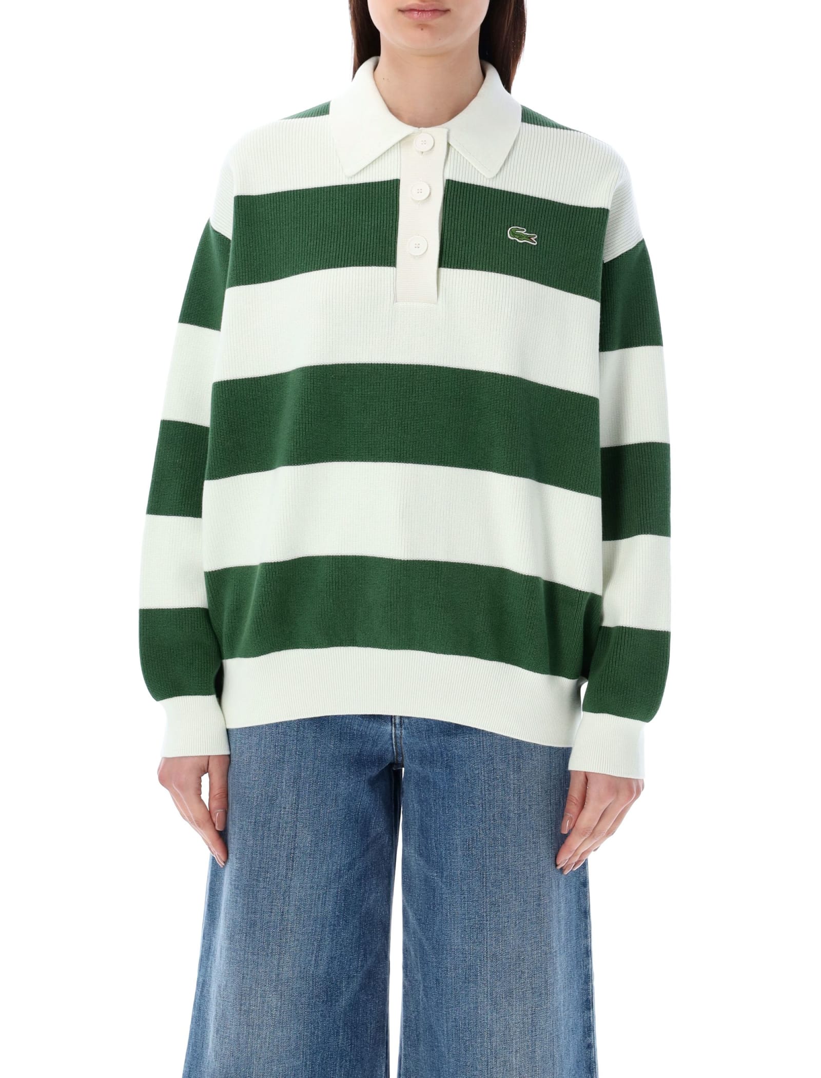 Shop Lacoste Stripe Rib Knit Polo Shirt In White Green Stripes