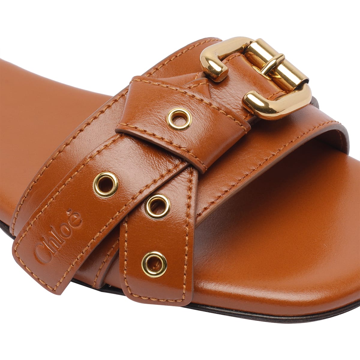 Chloé Mae Leather Buckle Flat Slide Sandals In Brown