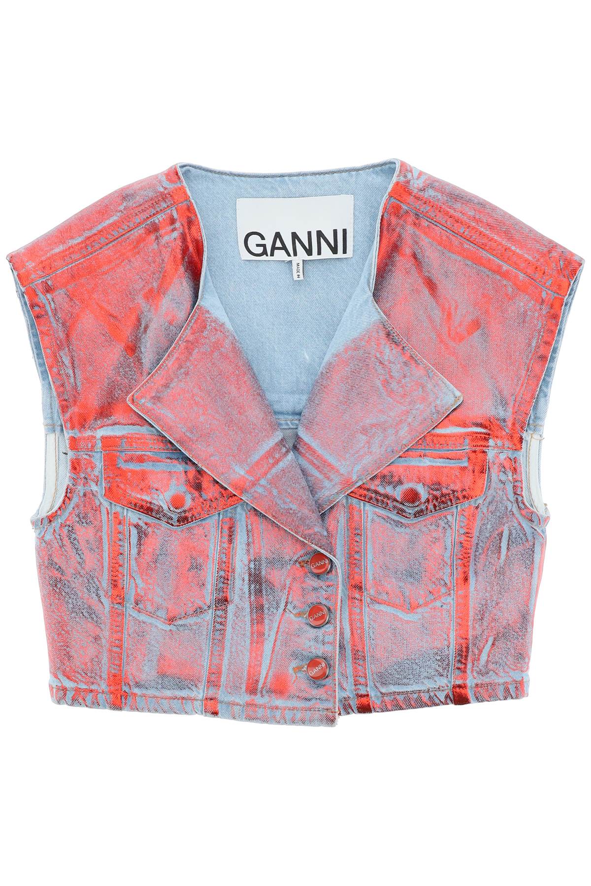 Shop Ganni Cropped Vest In Laminated Denim In Red Alert (blue)