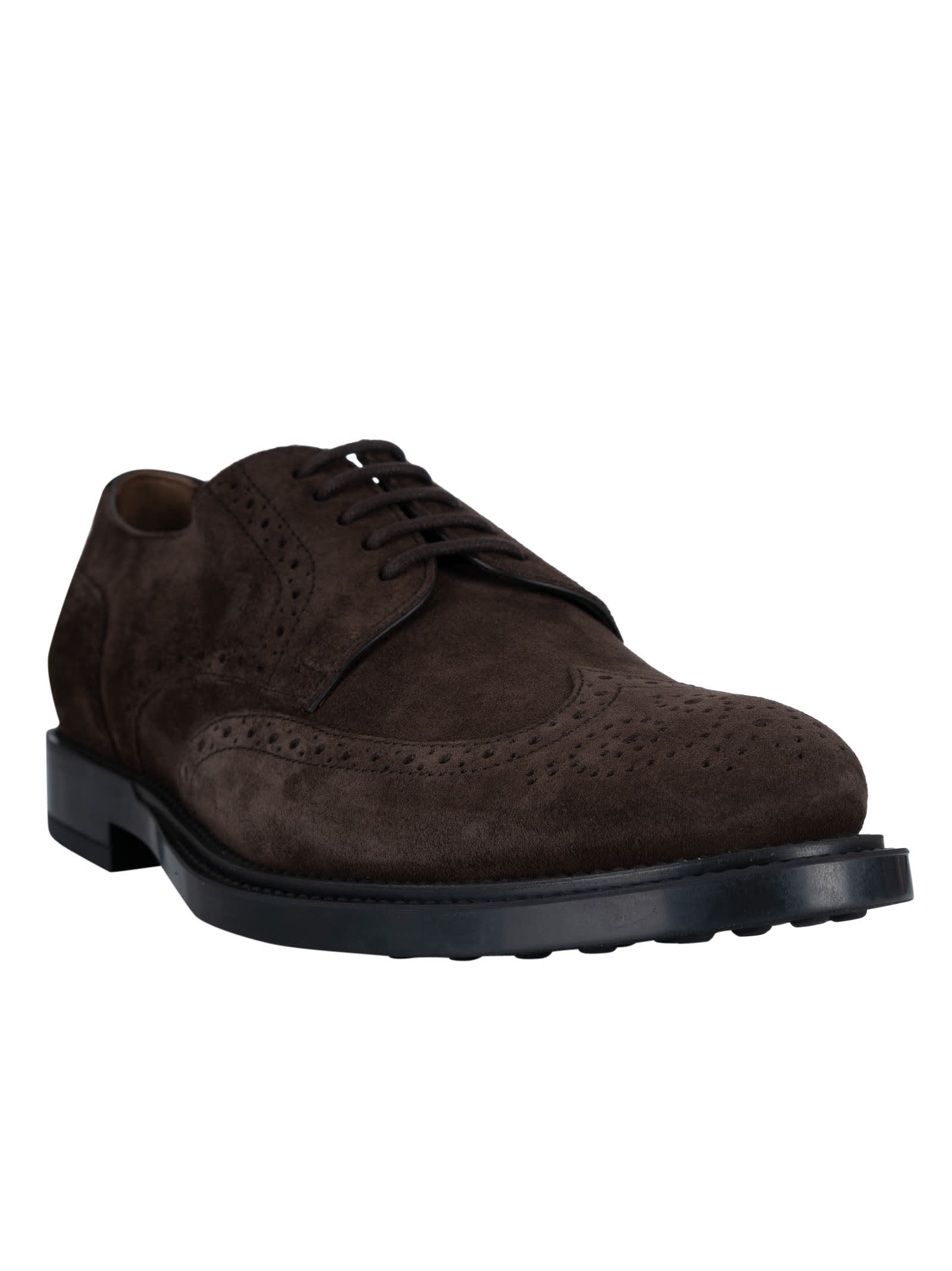Tod's Brown Wingtip Derby Shoes With Intricate Brogue Detailing