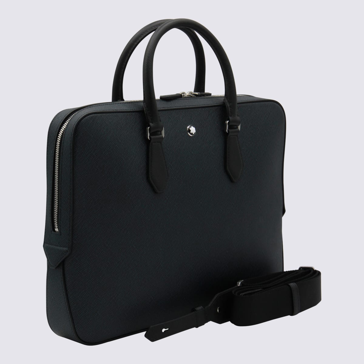 Montblanc Dark Blue Leather Top Handle Bag In Black