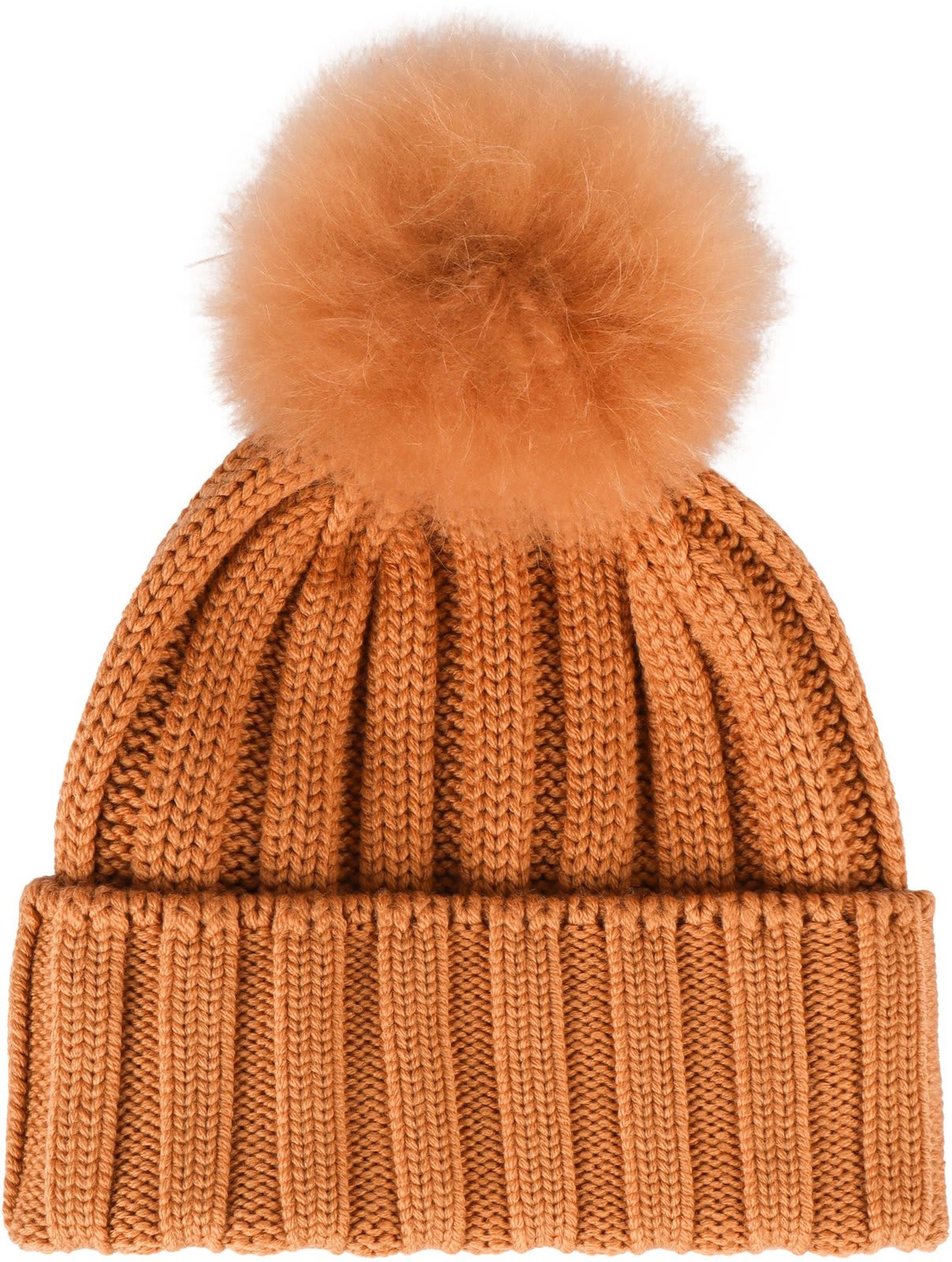 Woolrich Logo Patch Pompom Detailed Beanie In Soft Camel