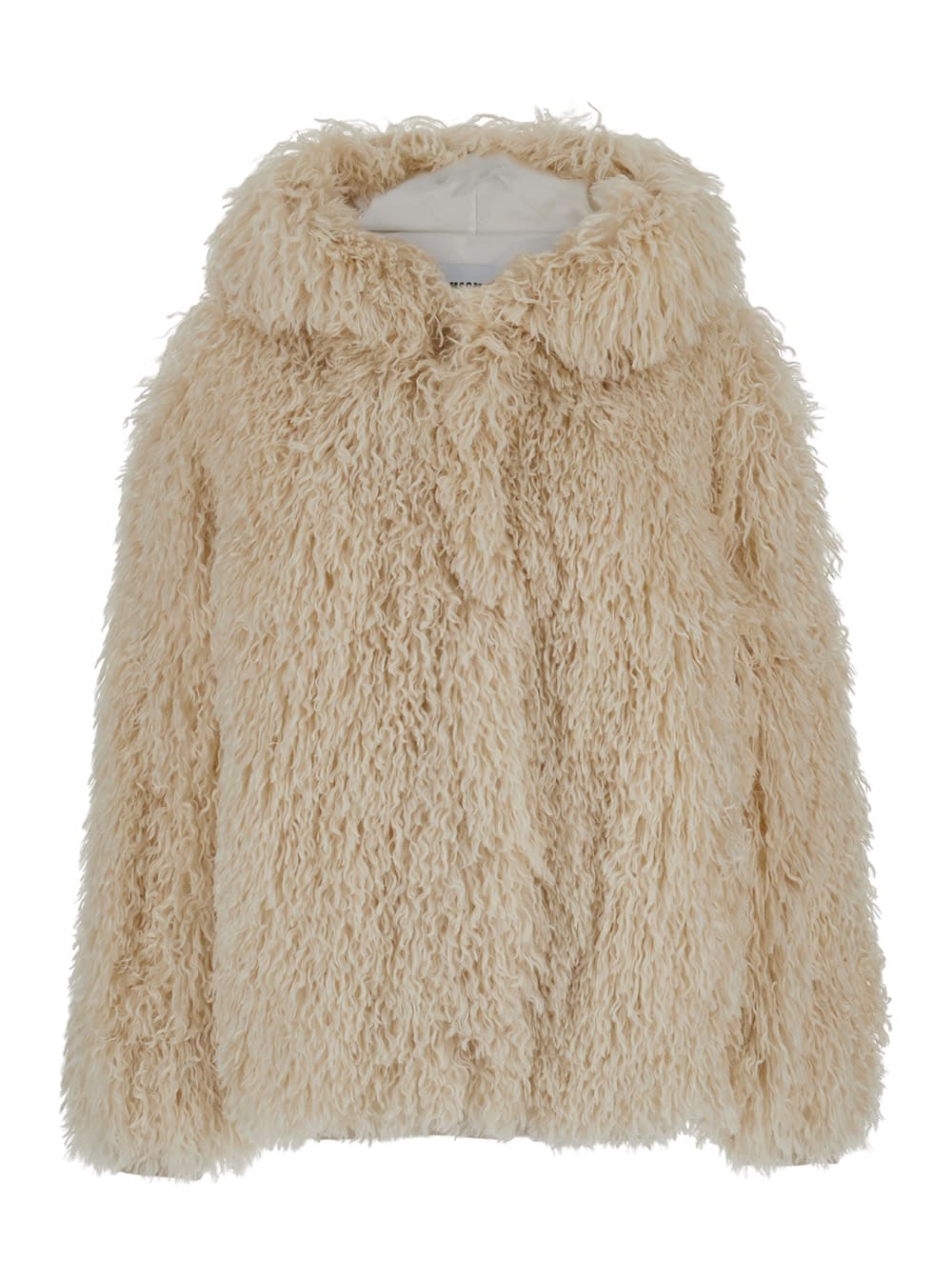 Shop Msgm Beige Single-breasted Jacket With Hood In Faux Fur Woman In Off White