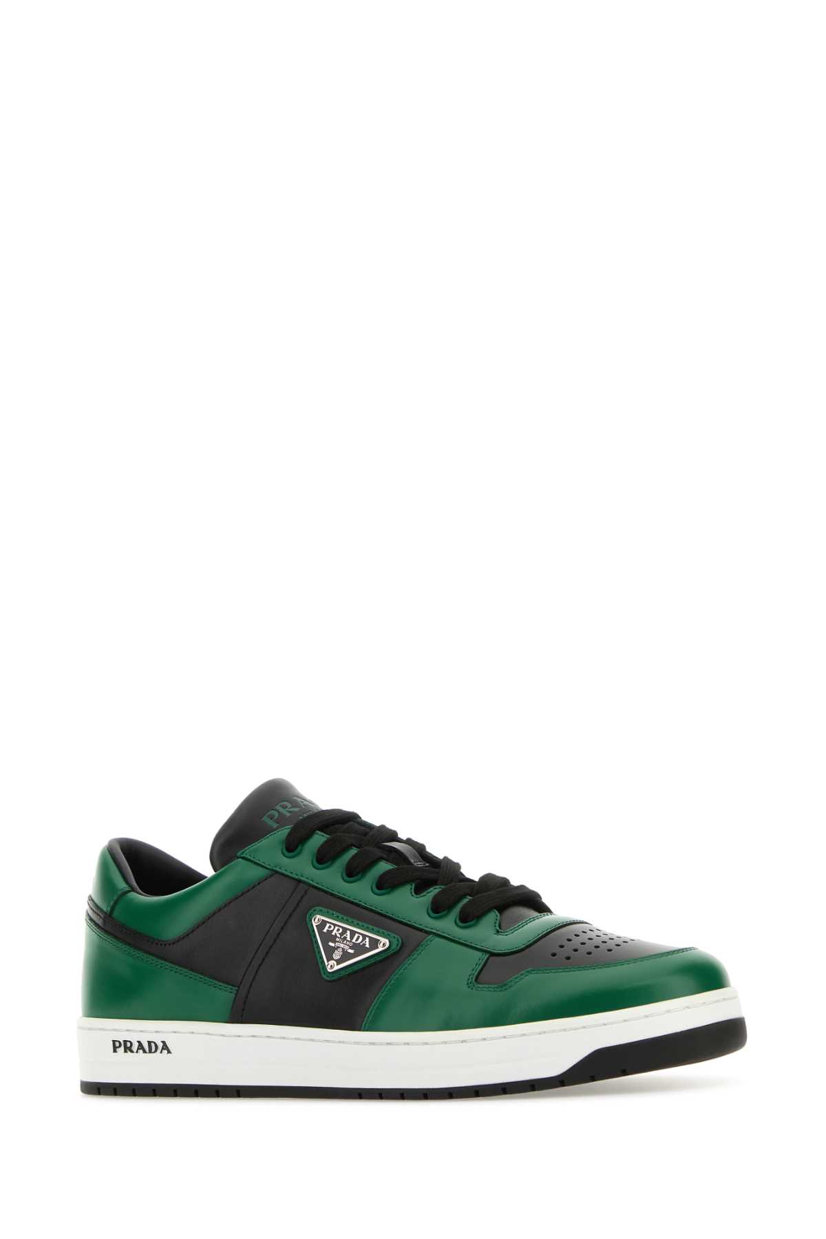 Prada Two-tone Leather Downtown Sneakers In Neroverde