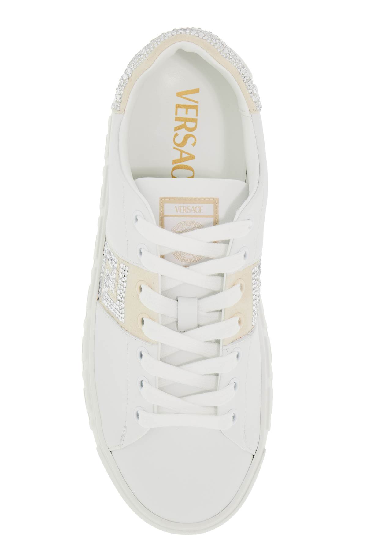 Shop Versace Greca Crystal Sneakers In White+ivory (white)