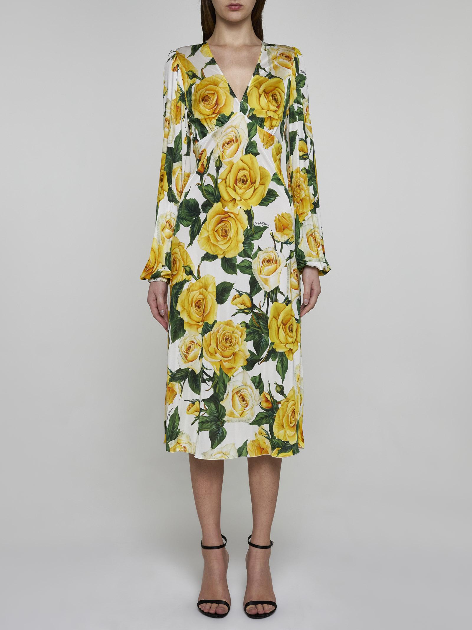 Shop Dolce & Gabbana Print Silk Midi Dress In Yellow