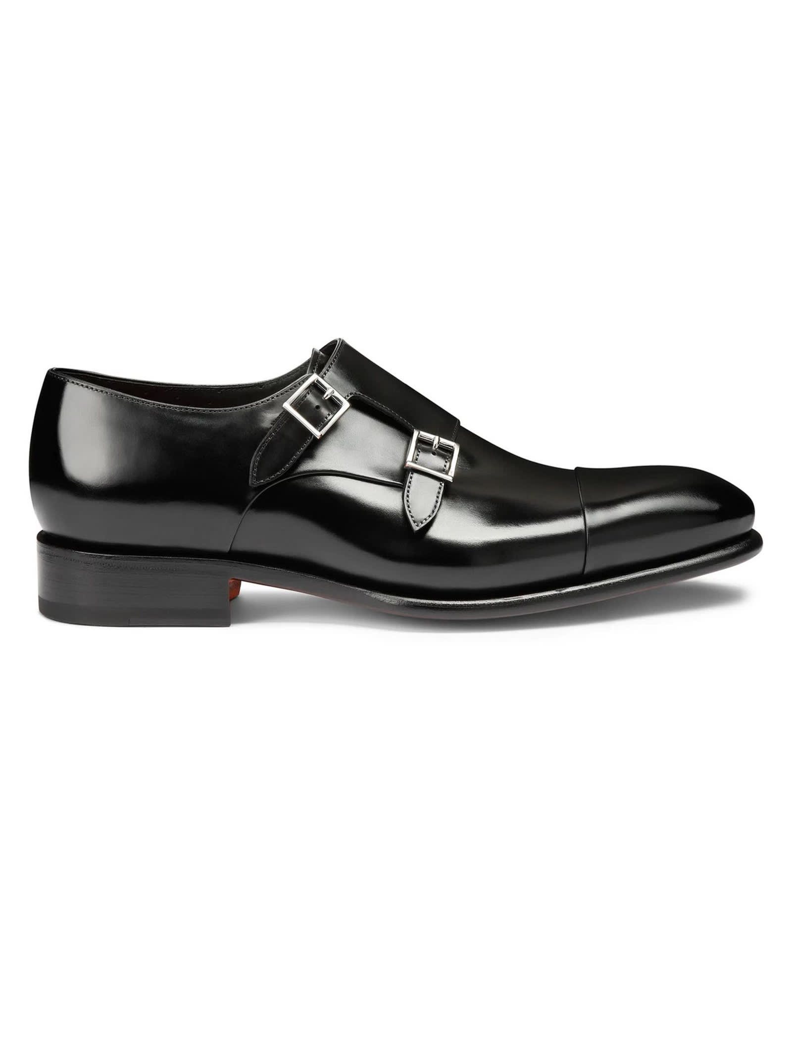 Black Polished Leather Double-buckle Shoe