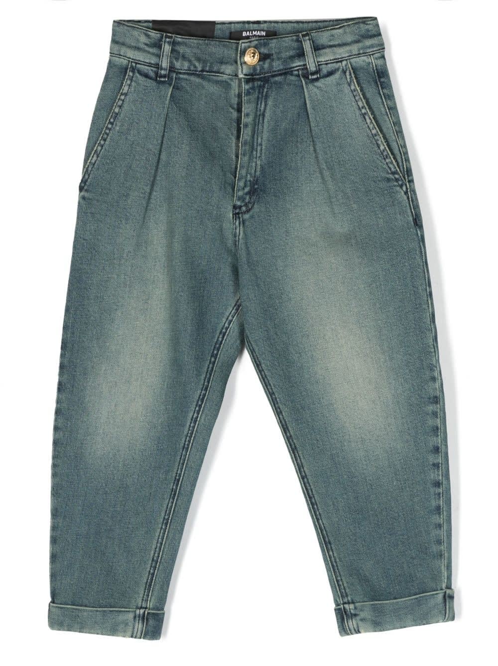 Balmain Kids' Jeans With Pleated Detail In Blue