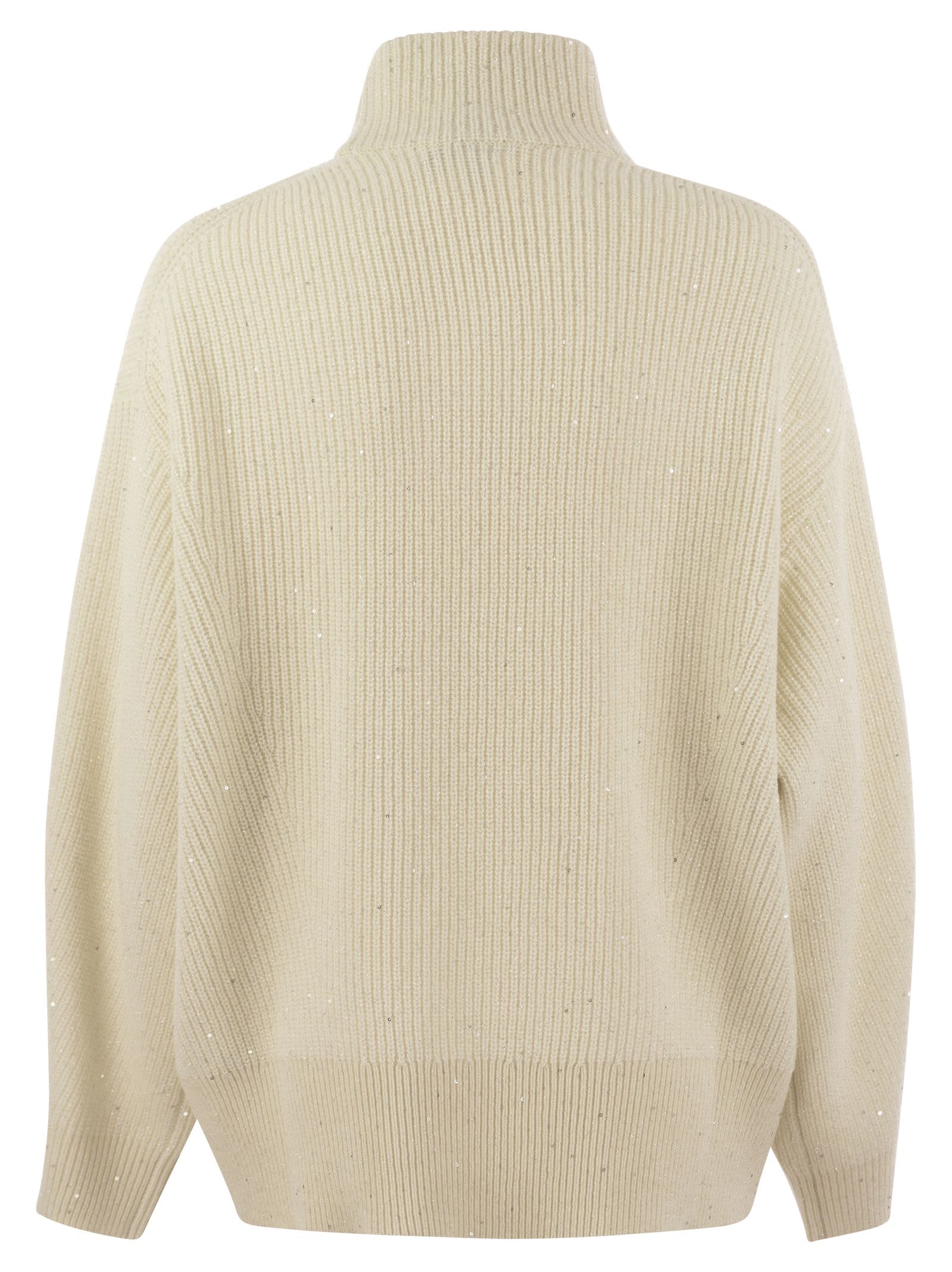 Shop Brunello Cucinelli Wool And Cashmere Rib Sweater With Sequins In Cream