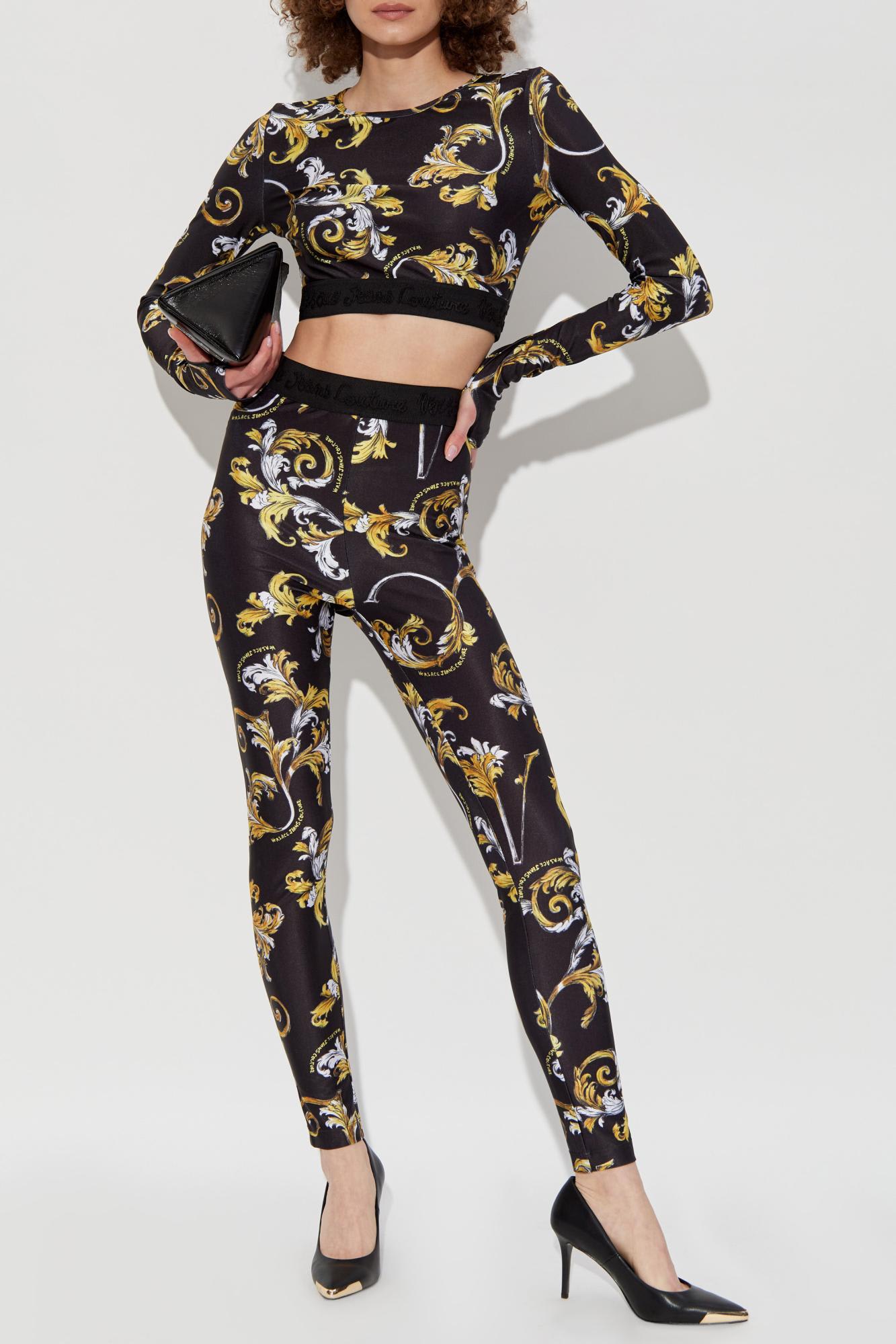 Versace Jeans Couture Black Leggings With Barocco Graphic Print In Black