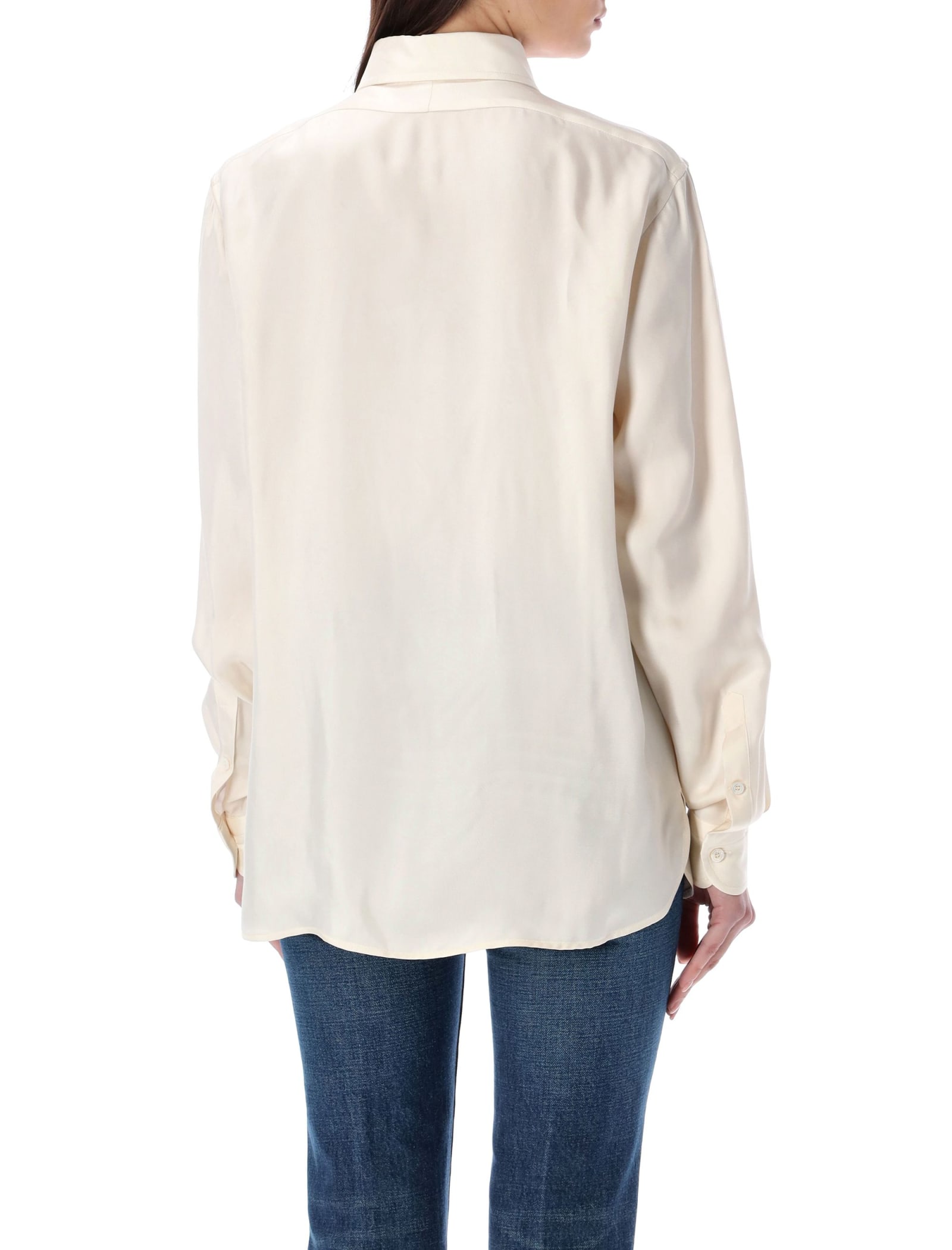 Shop Tom Ford Fluid Viscose Silk Twill Shirt With Plisse Plastron In Ecru