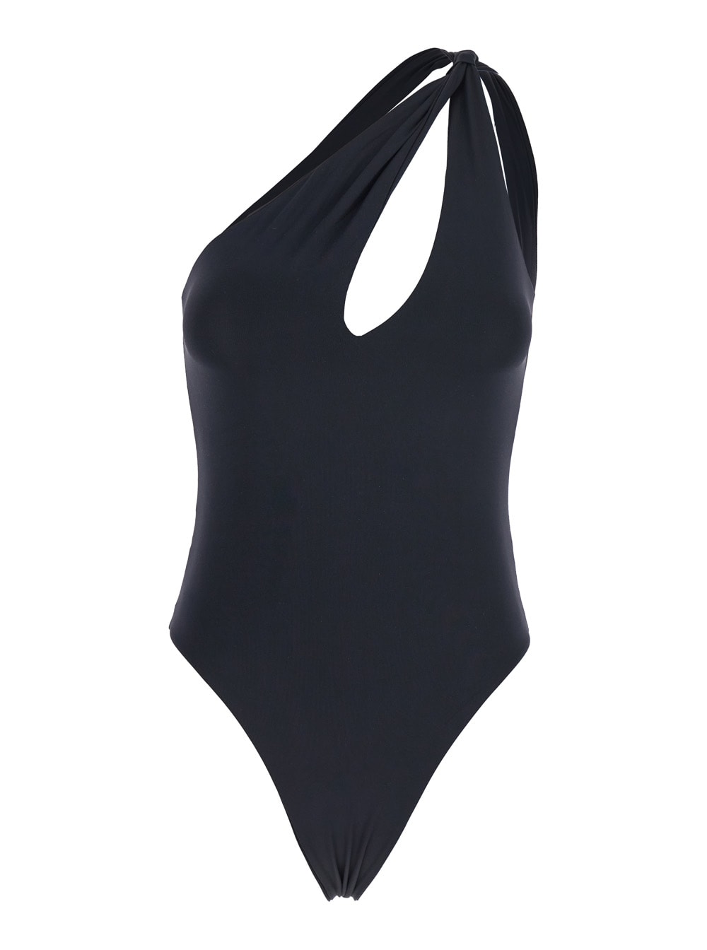 FEDERICA TOSI BLACK ONE-SHOULDER SWIMSUIT WITH TIE DETAIL IN TECH FABRIC STRETCH WOMAN