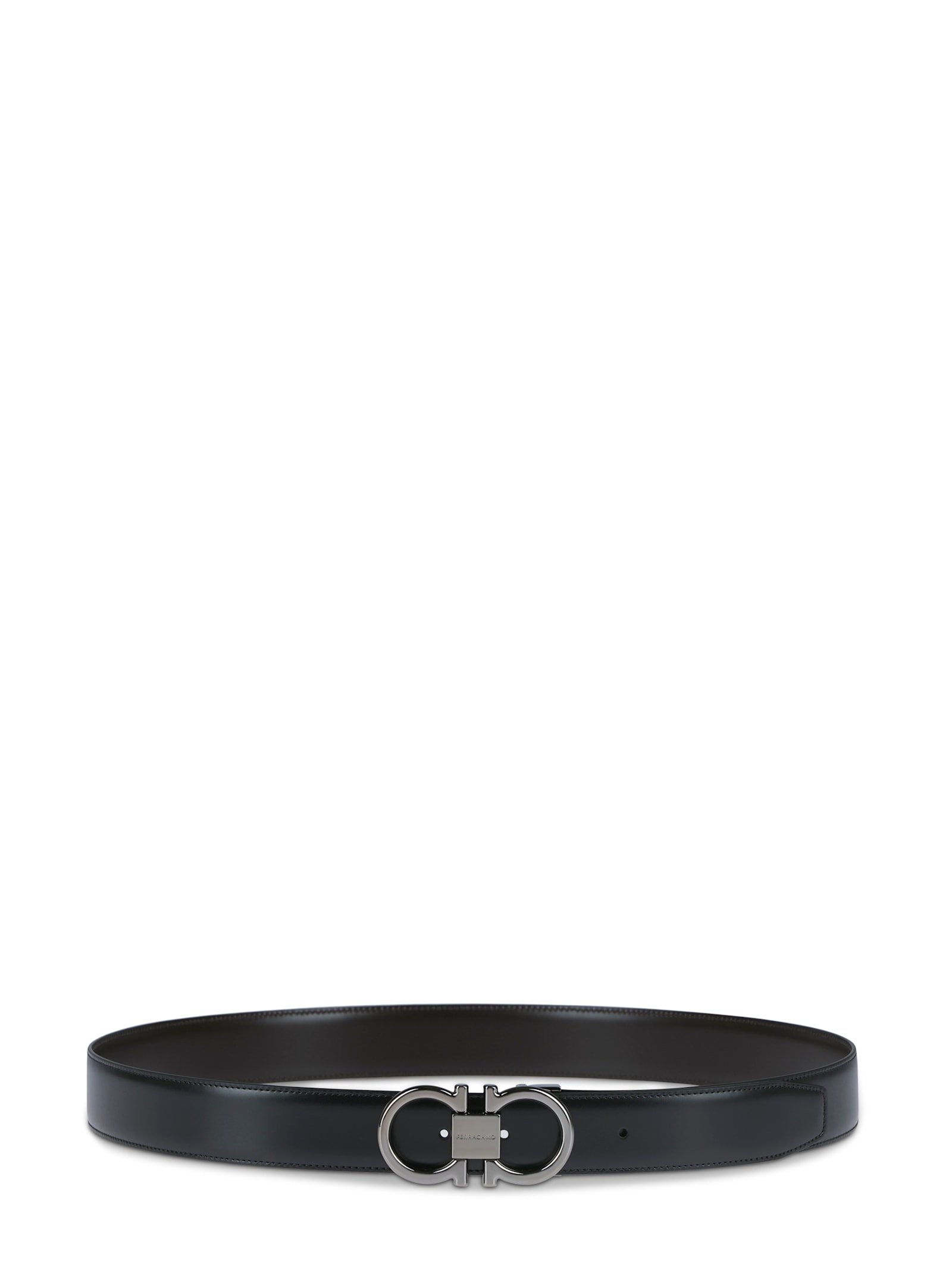 Ferragamo Polished Double Gancini Buckle Belt In Calf Leather In Black