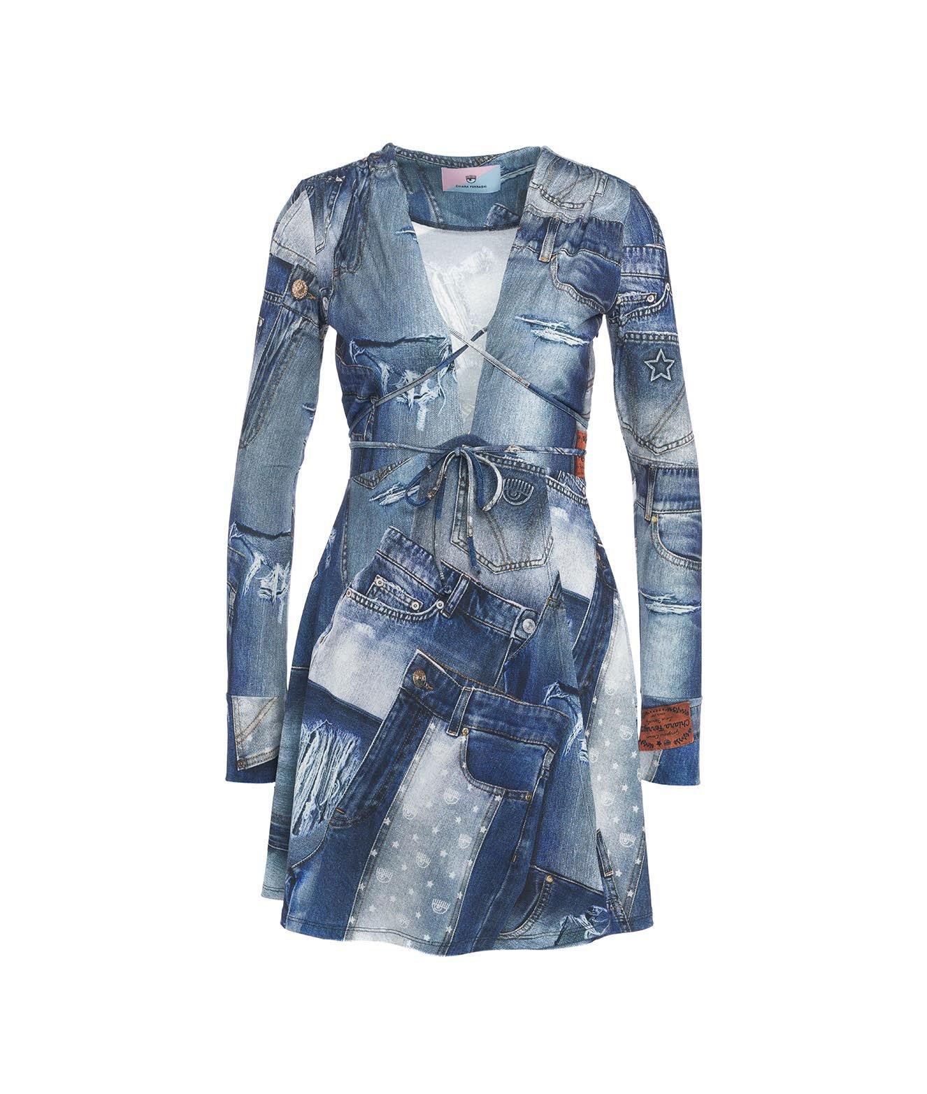 Shop Chiara Ferragni Denim Printed Plunging V-neck Mini Dress In Blue