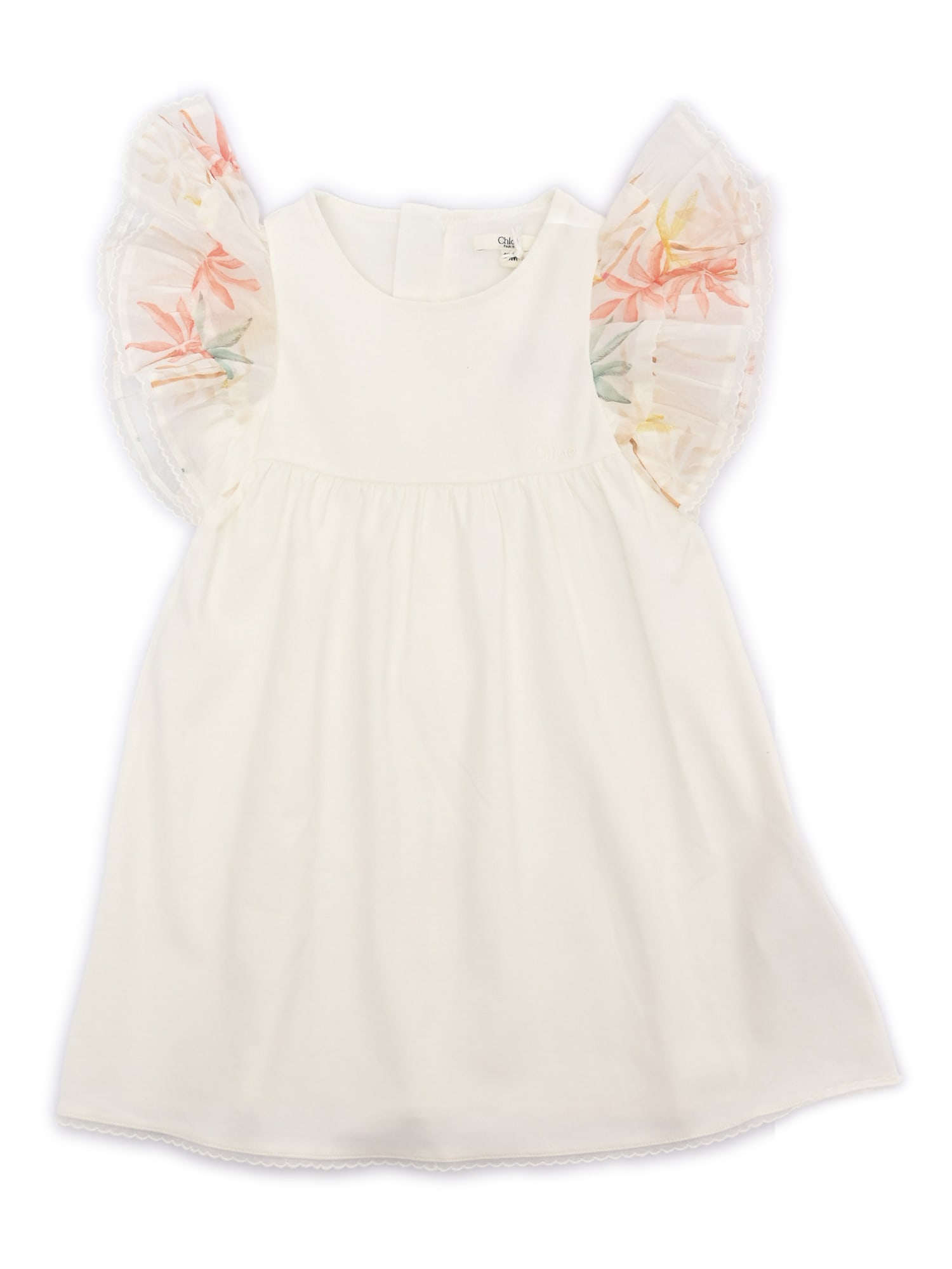 Chloé Short Sleeves Dress In 100% Organic Cotton Interlock. Ruffled Sleeves In 100% Organic Cotton Veil Wi In White