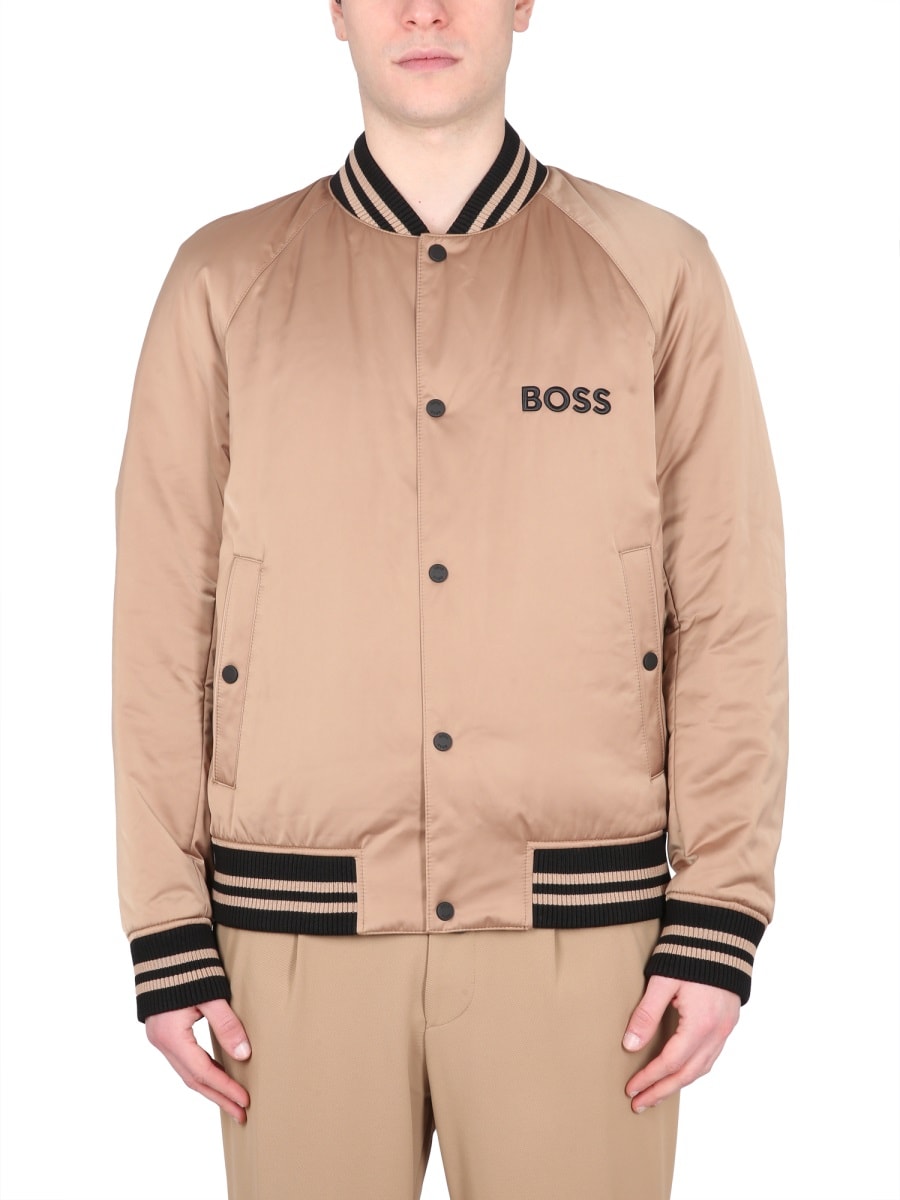 Hugo Boss Logo Bomber Jacket With Ribbed Collar And Cuffs In Brown