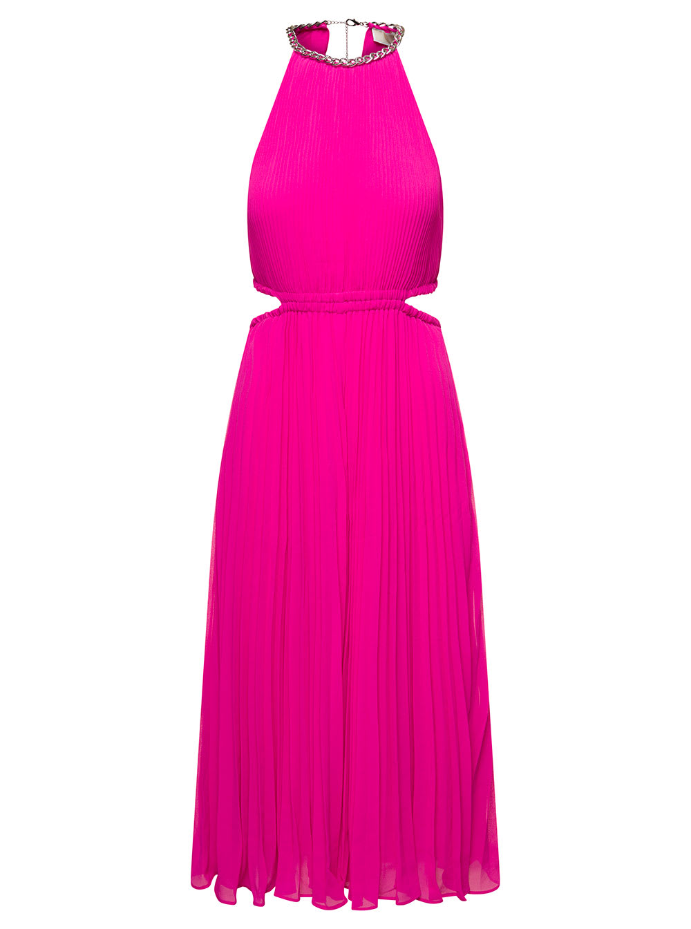 Midi Fucshia Pleated Dress With Chain And Cut-out Detail In Recycled  Polyester Blend Woman In Cerise