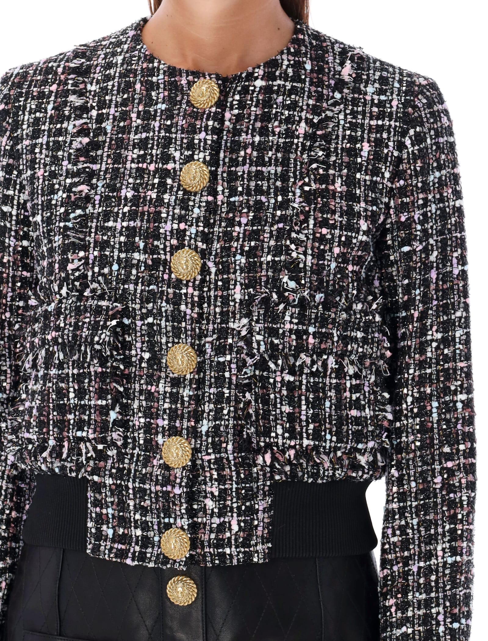 Shop Balmain Tweed Bluson Bomber In Nero Multicolor