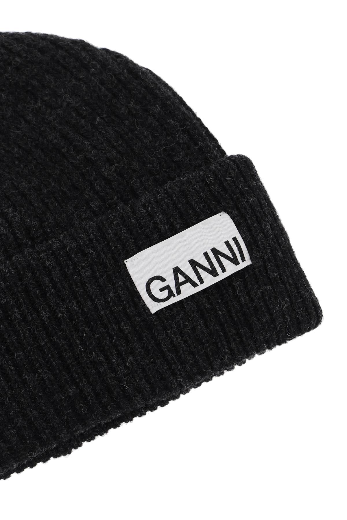 Shop Ganni Beanie Hat With Logo Label In Phantom (grey)