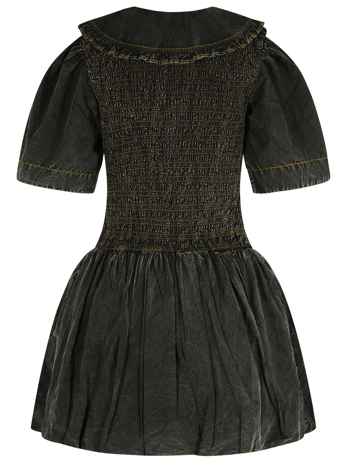 Ganni Cotton Dress With Puff Sleeves And Ruffled Collar In Black