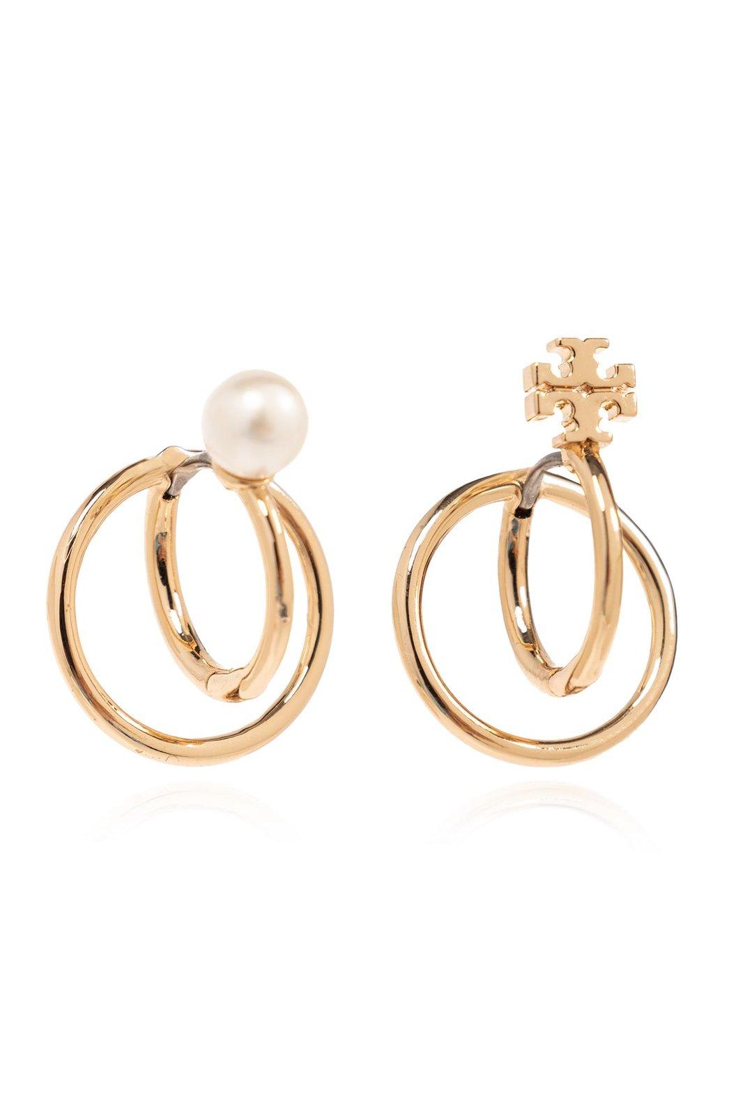 Shop Tory Burch Kira Pearl Double Hoop Earrings In Gold/cream