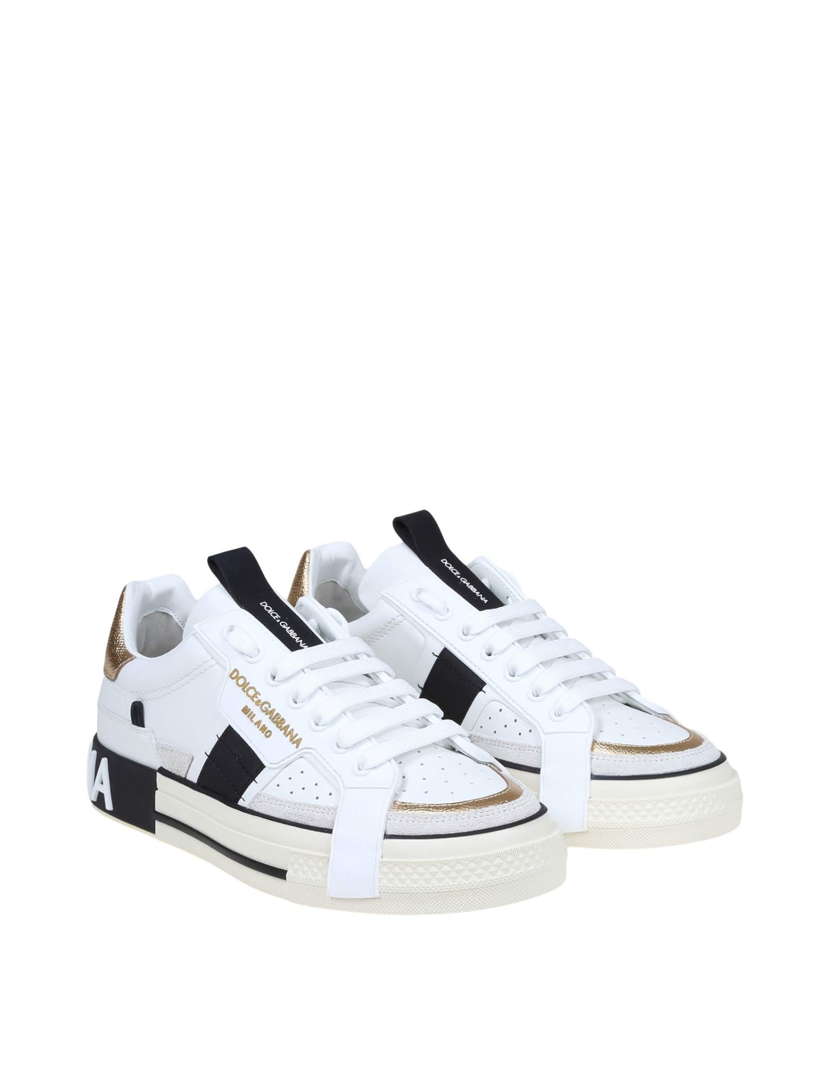 Shop Dolce & Gabbana Custom 2.zero Sneakers In White Leather In White / Gold