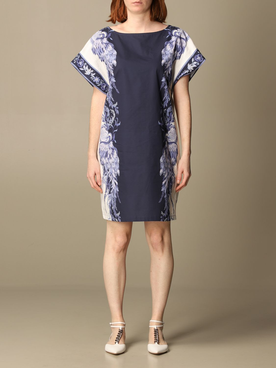 Twinset Dress Twin-set Short Dress In Porcelain Patterned Cotton