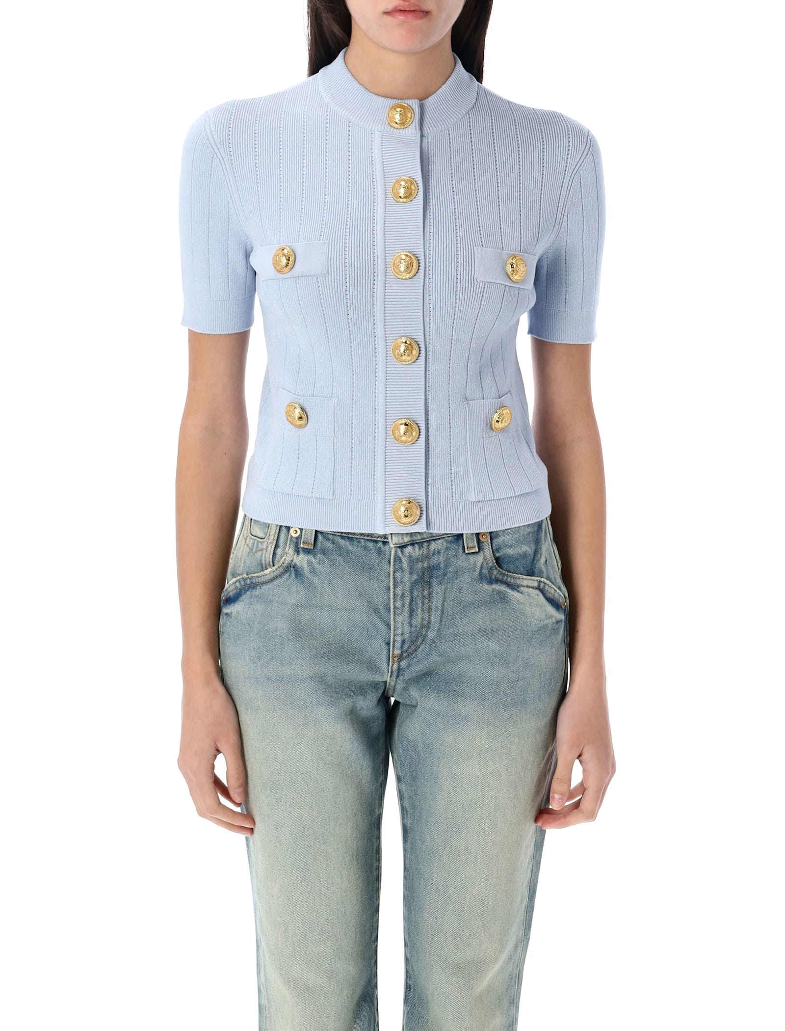 Balmain 4-pocket Knitted Cardigan In Pale Blue