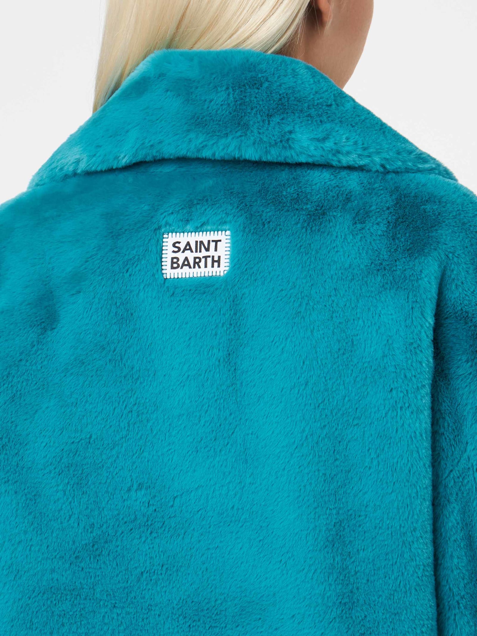 Mc2 Saint Barth Woman Furry Short Teal Jacket In Blue