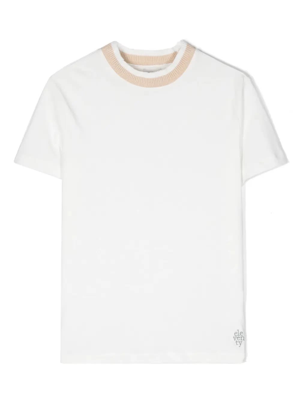 Shop Eleventy White T-shirt With Beige Crew Neck