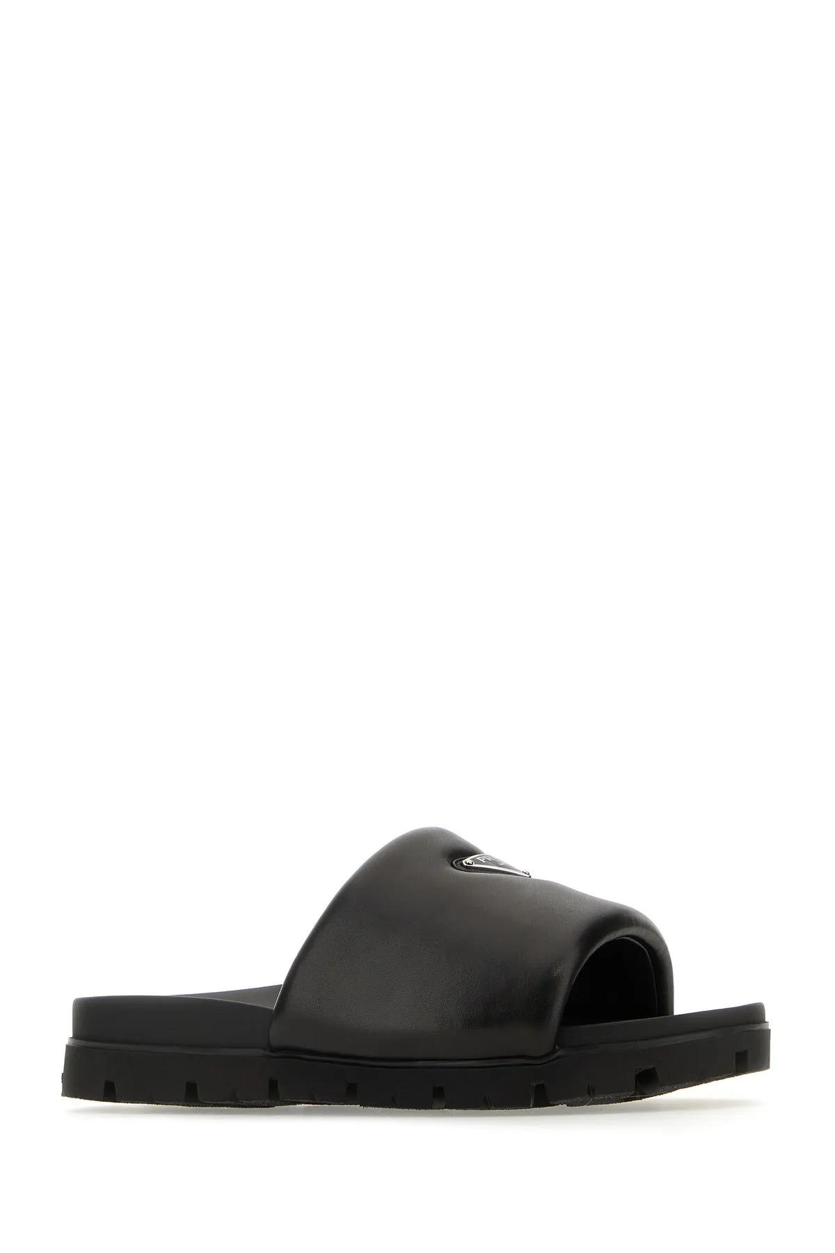 Shop Prada Black Nappa Leather Slippers In Nero