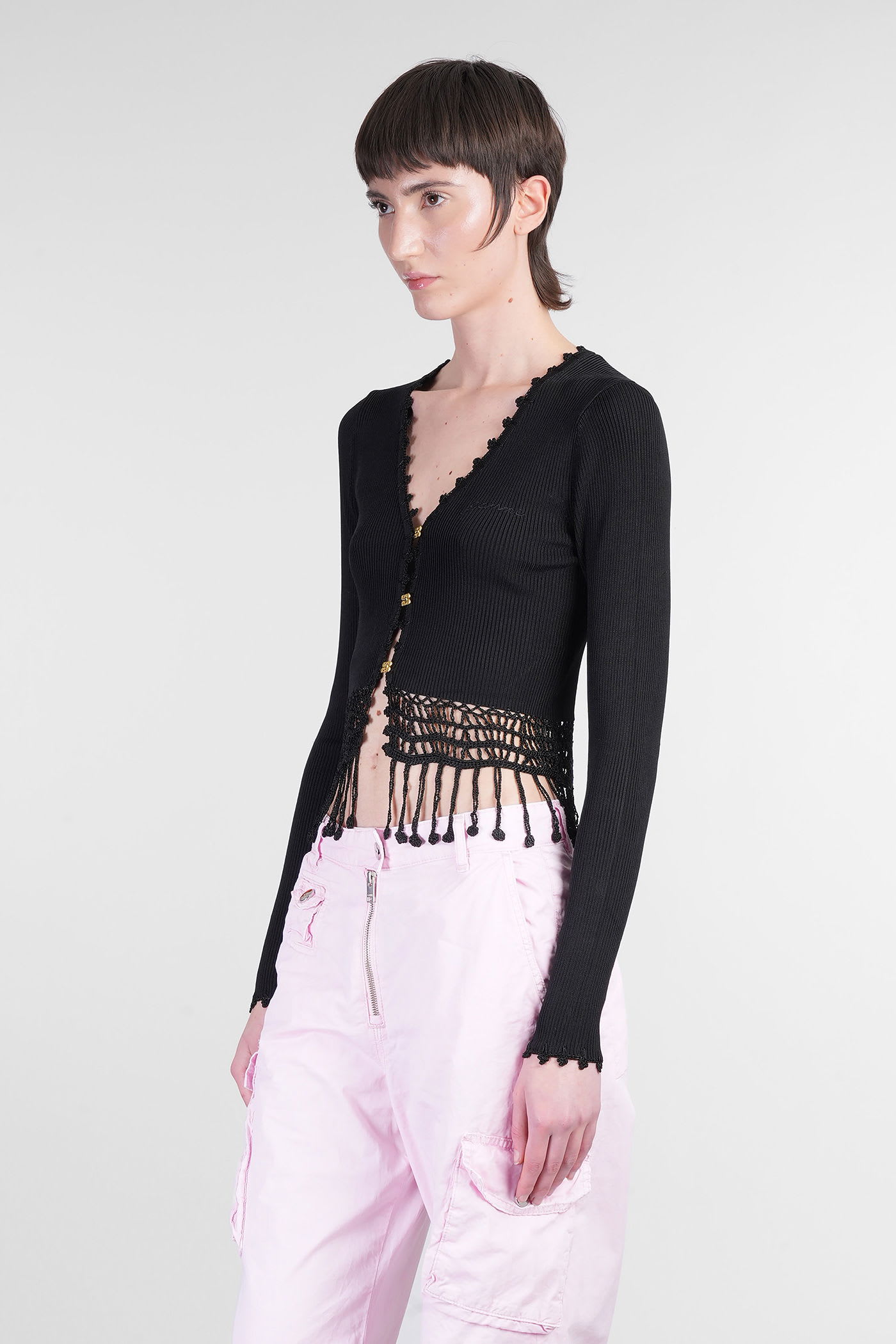 Ganni Black Shiny Viscose Crochet Cardigan
