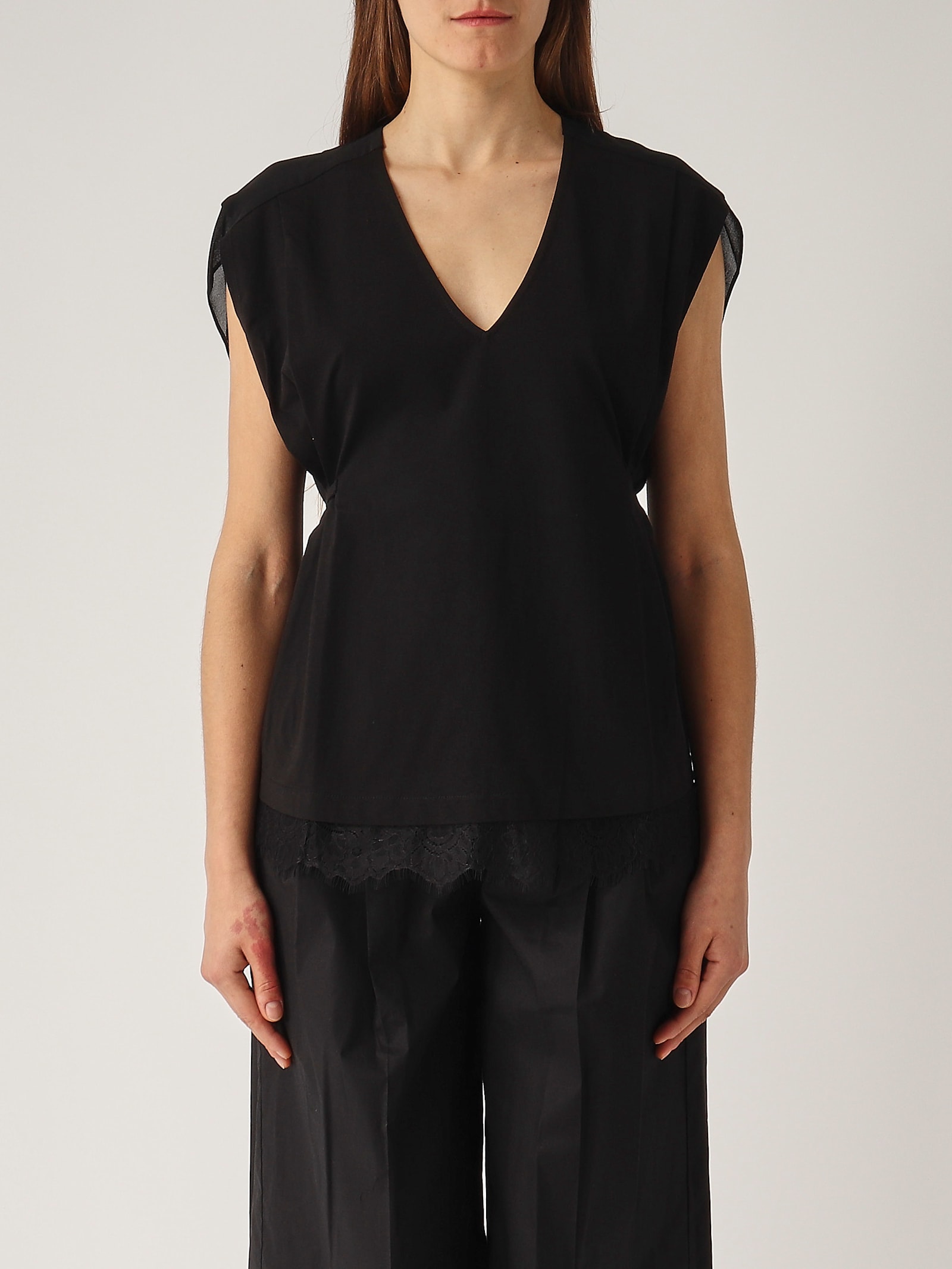 Twinset Black Cotton Blended Top With Rear Tie Fastening In Nero