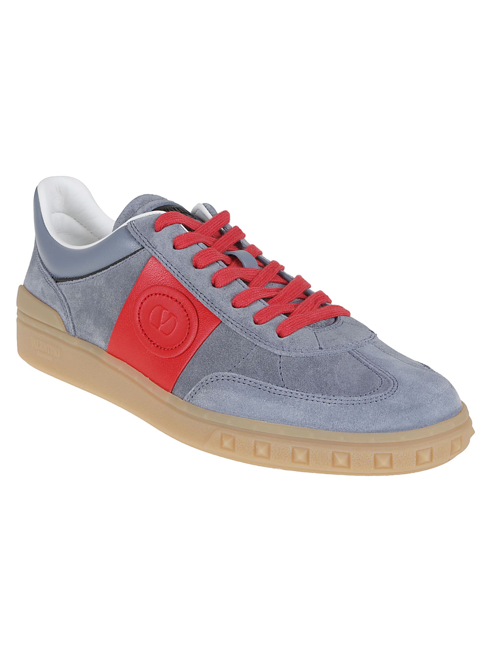 Valentino Garavani Men Upvillage Low Top Sneaker In Split Leather And Calfskin Nappa Leather In Rjd Grey Coral Red Nero Grey Nero Ambra