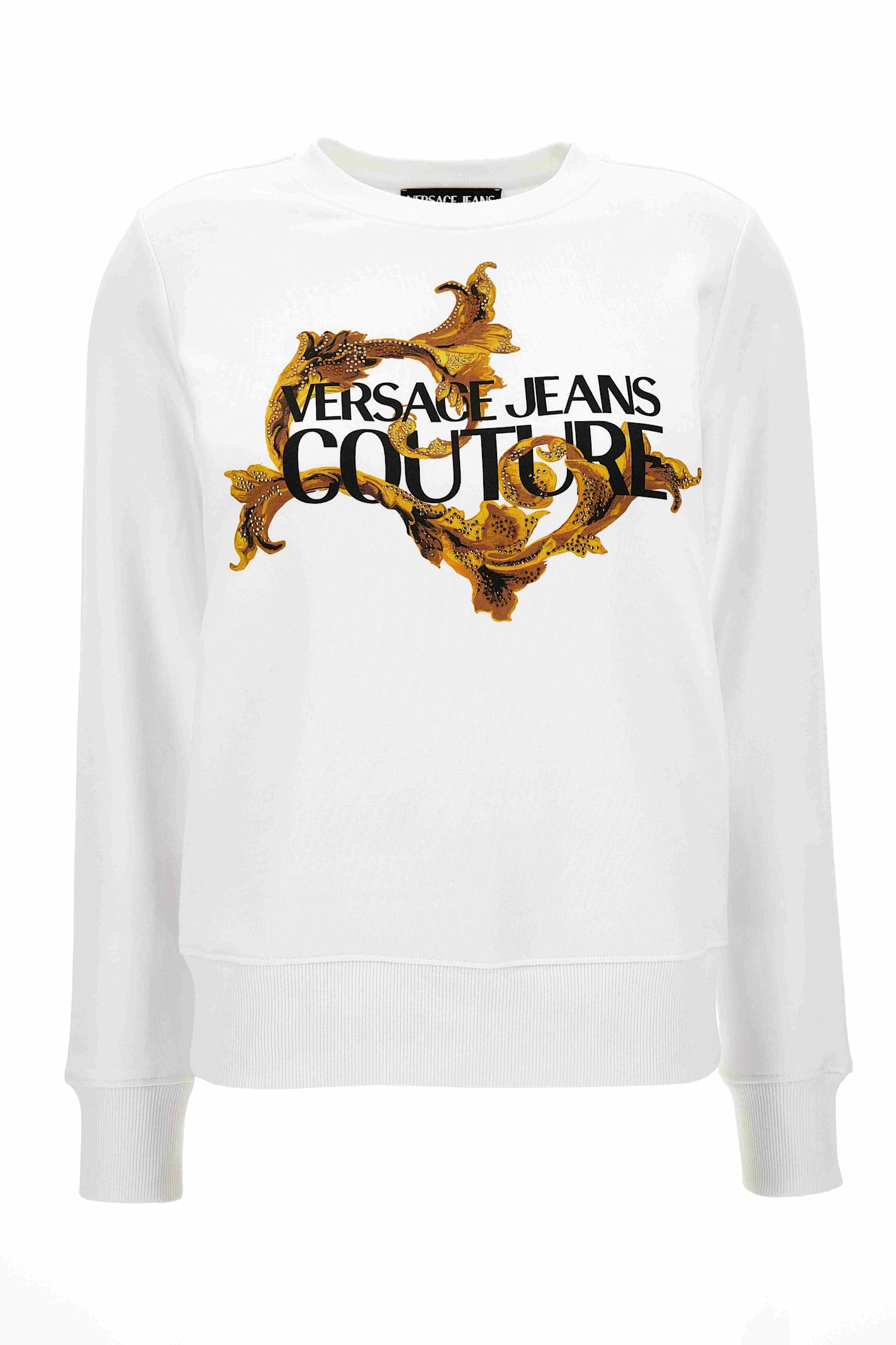 Versace Jeans Couture White Cotton Crewneck Sweatshirt With Gold Logo In White
