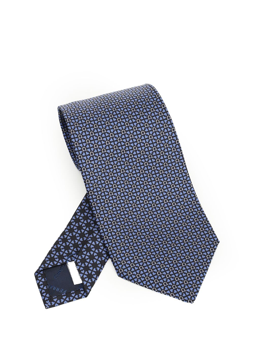 Ferragamo Silk Tie With Gancini And Hearts Print In Blue